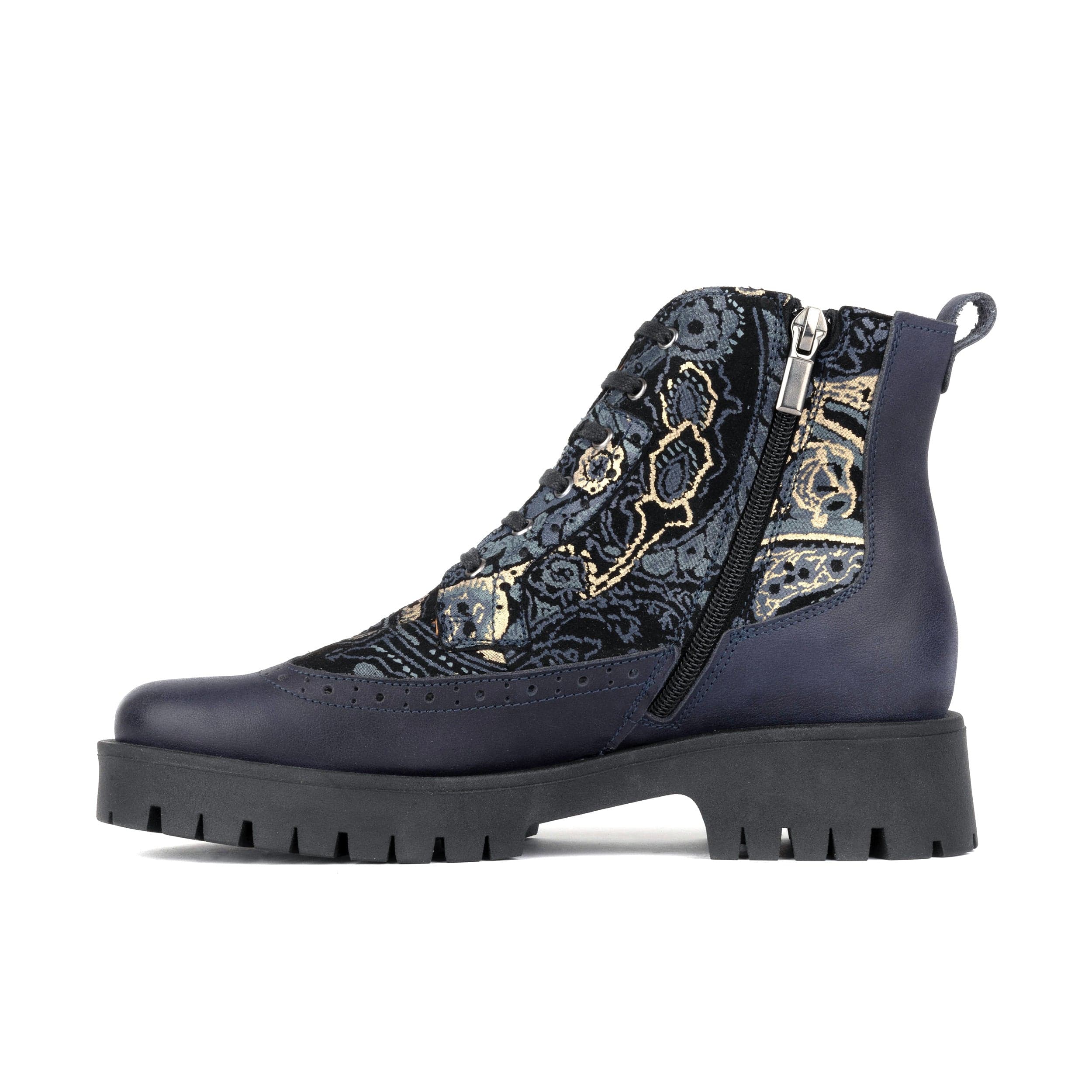 Hatter Platform - Matt Blue & Grey & Gold - Women's Leather ankle Lace-up Boot with chunky cleated sole - Image 4