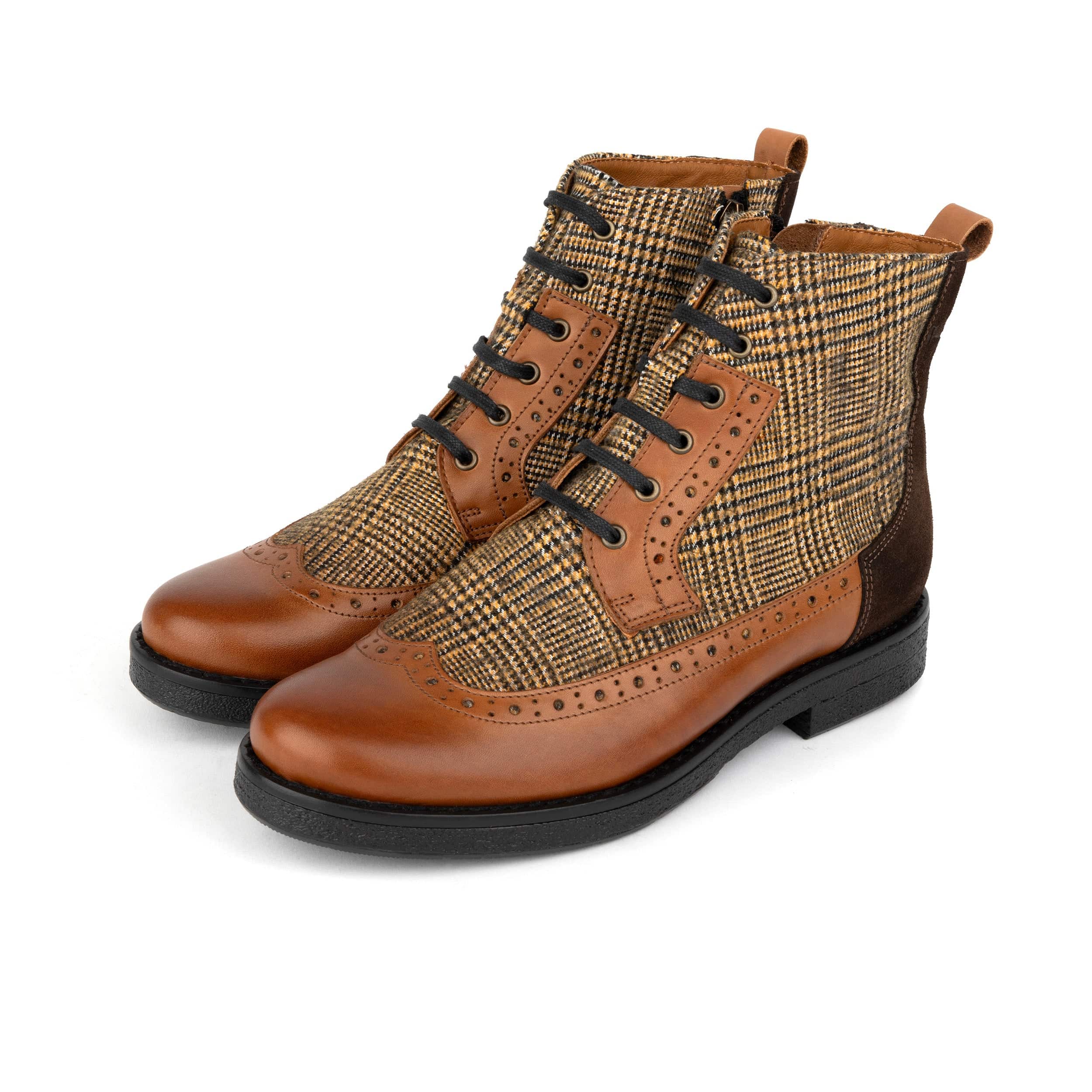Hatter - Tan & Brown Check - Women's Leather Ankle Lace-up Boot with check details - Image 10