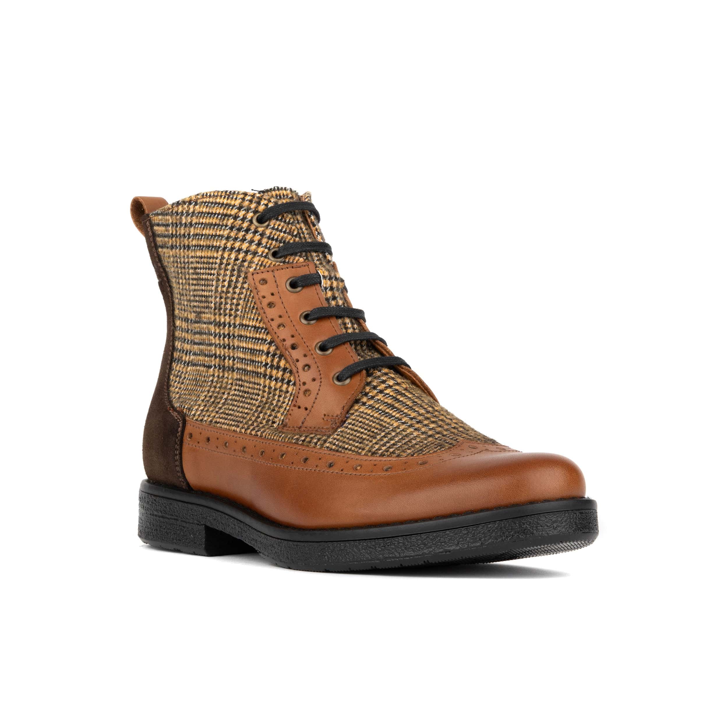 Hatter - Tan & Brown Check - Women's Leather Ankle Lace-up Boot with check details - Image 3