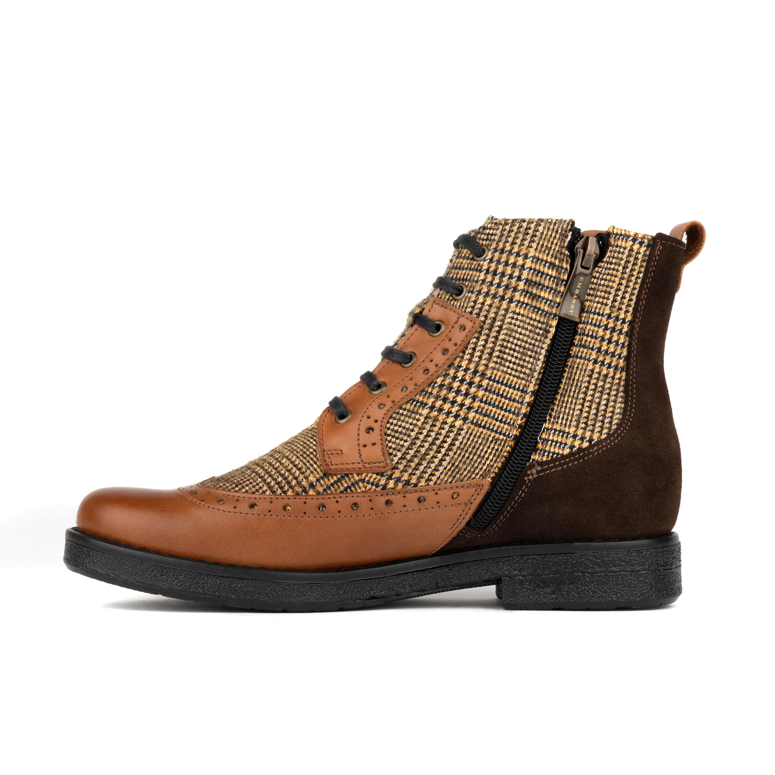 Hatter - Tan & Brown Check - Women's Leather Ankle Lace-up Boot with check details - Image 4