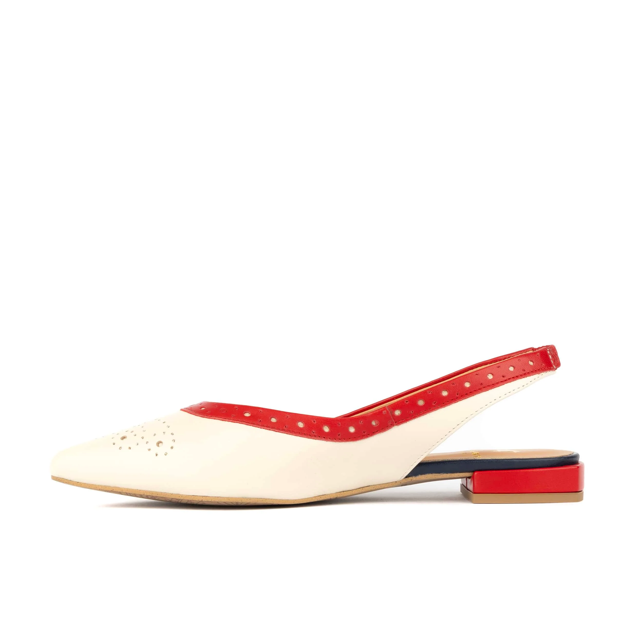 Holly Brogue - Cream & Red & Blue - Women's Leather Flat Slingback - Image 3