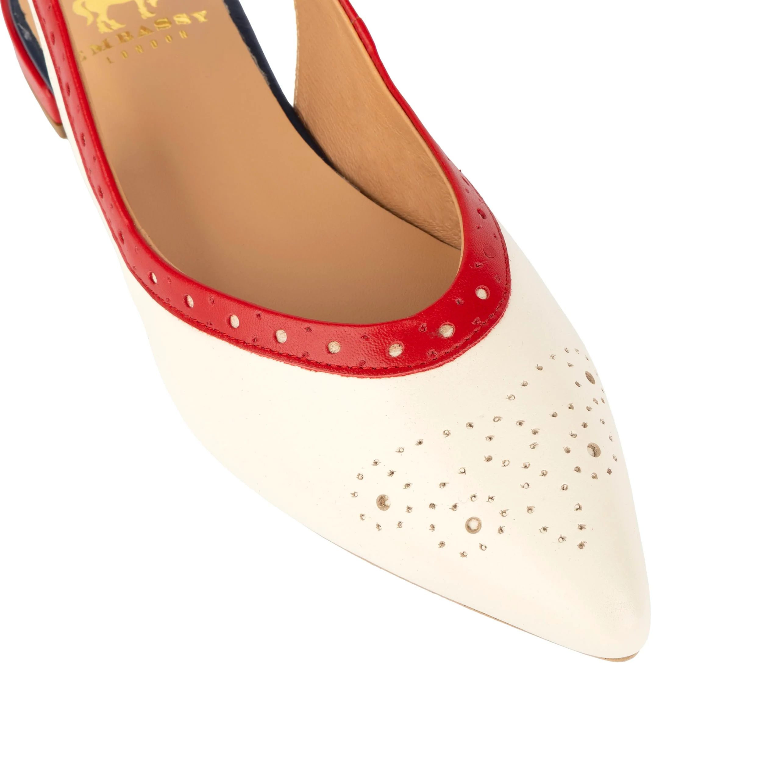 Holly Brogue - Cream & Red & Blue - Women's Leather Flat Slingback - Image 7