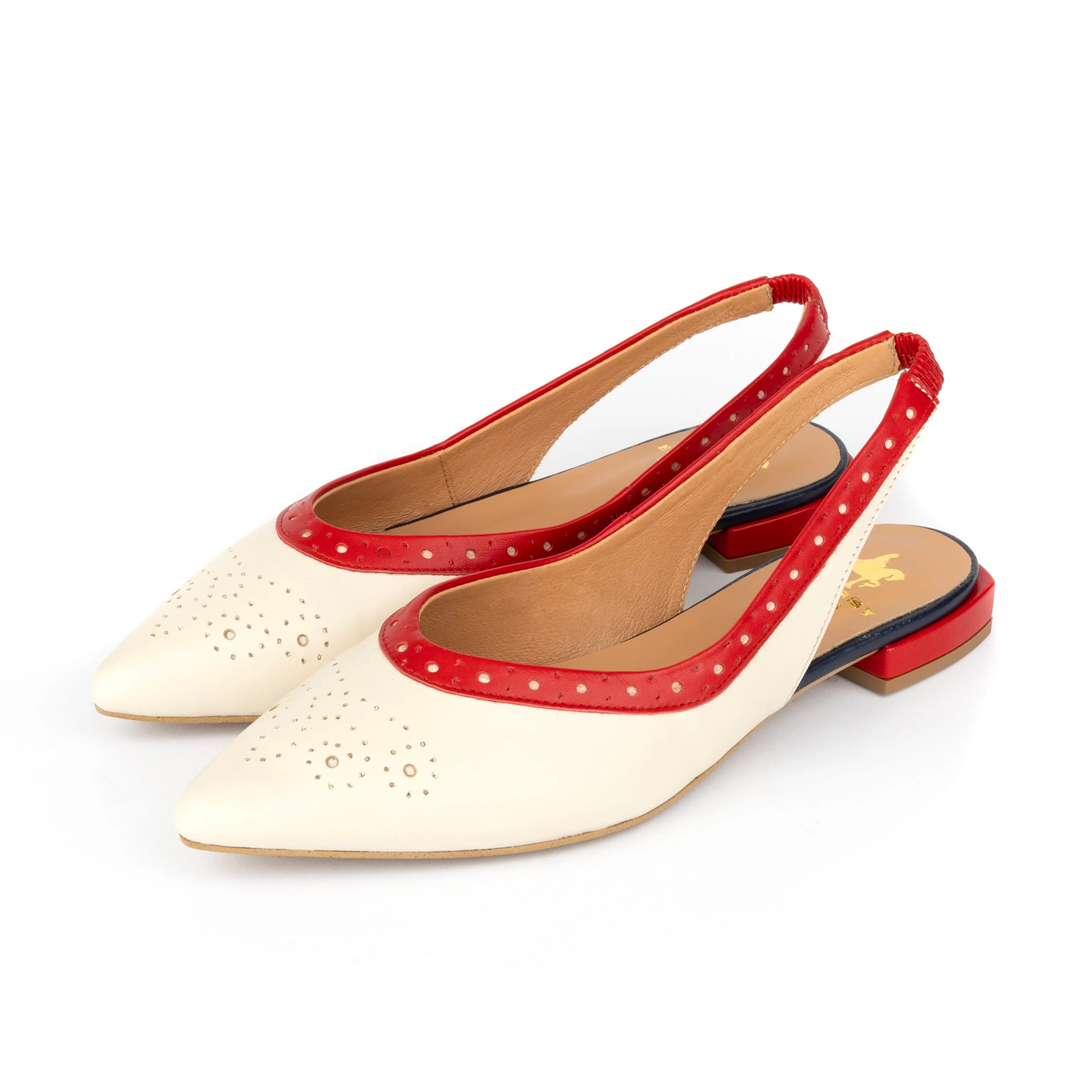 Holly Brogue - Cream & Red & Blue - Women's Leather Flat Slingback - Image 9