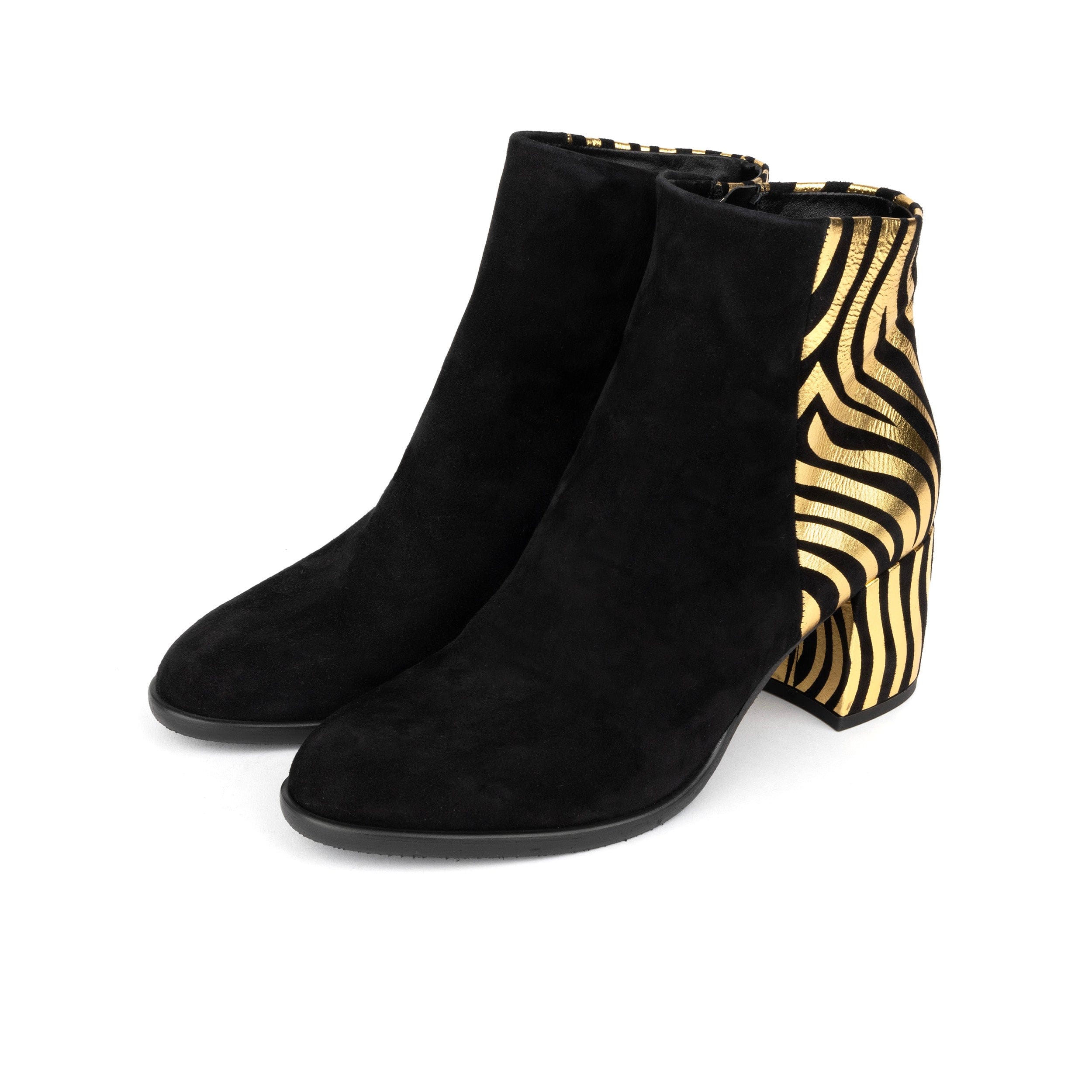 Impala - Black & Gold - Women's Suede Ankle Boot with Block Heel & Gold Foil Zebra Stripes - Image 10