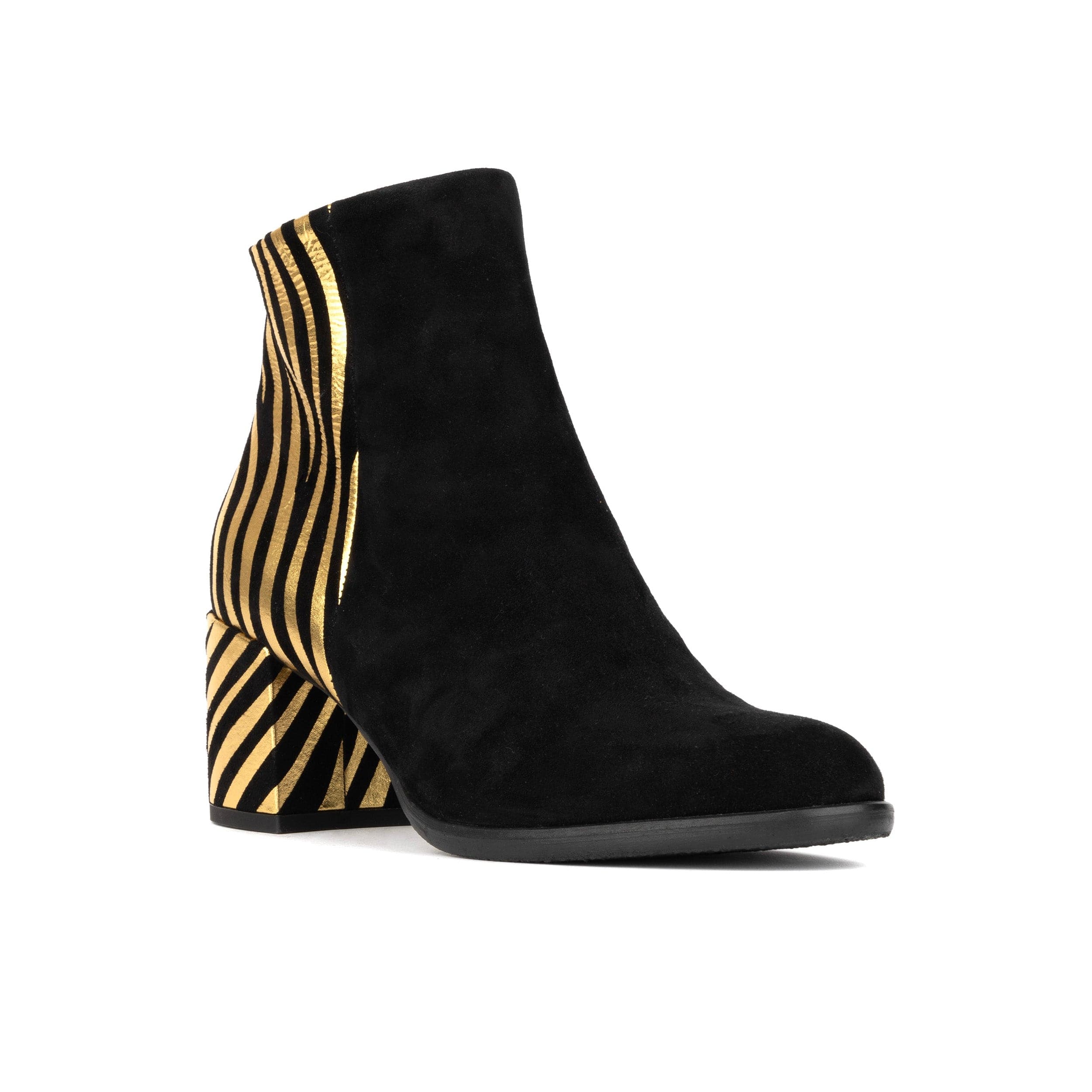 Impala - Black & Gold - Women's Suede Ankle Boot with Block Heel & Gold Foil Zebra Stripes - Image 3