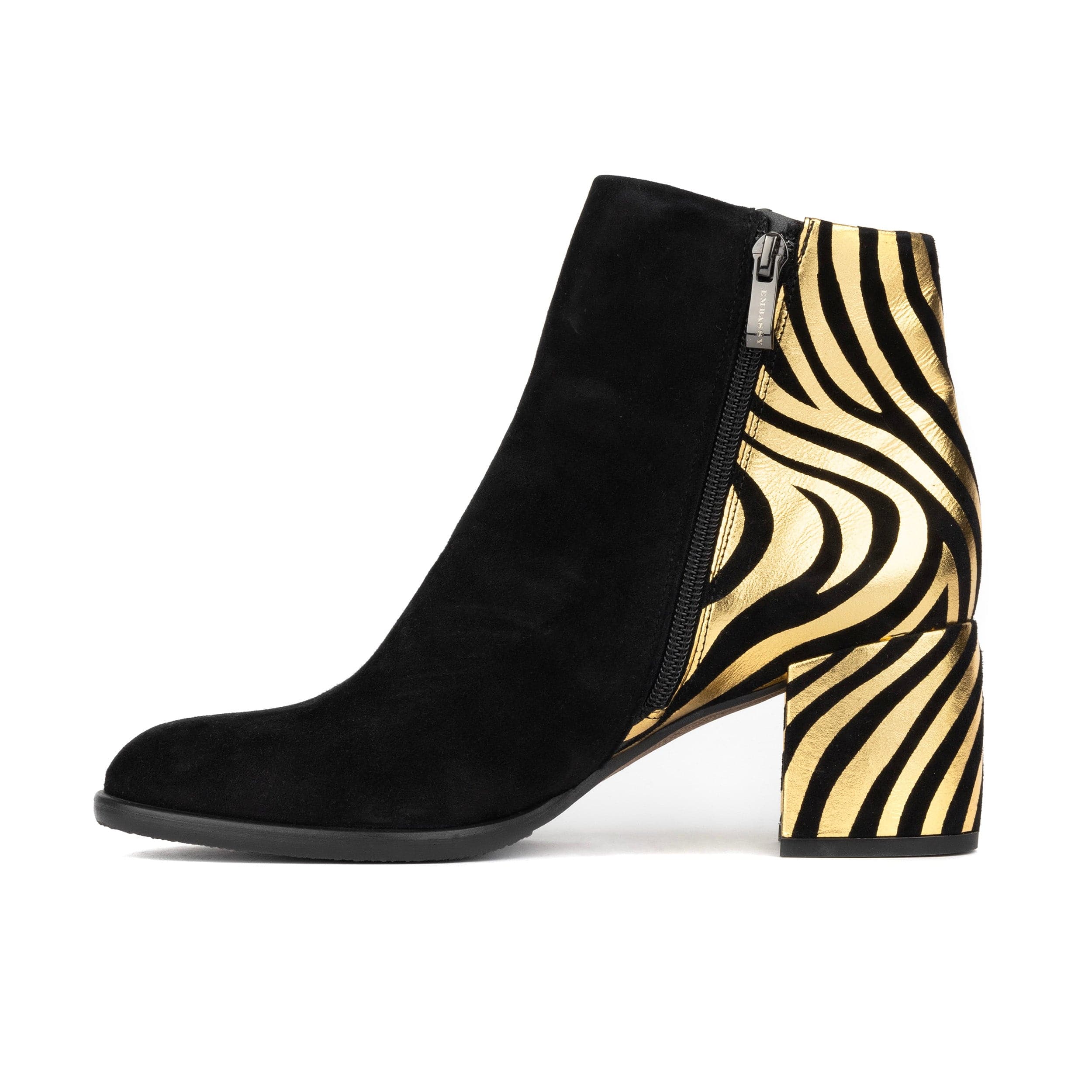 Impala - Black & Gold - Women's Suede Ankle Boot with Block Heel & Gold Foil Zebra Stripes - Image 4