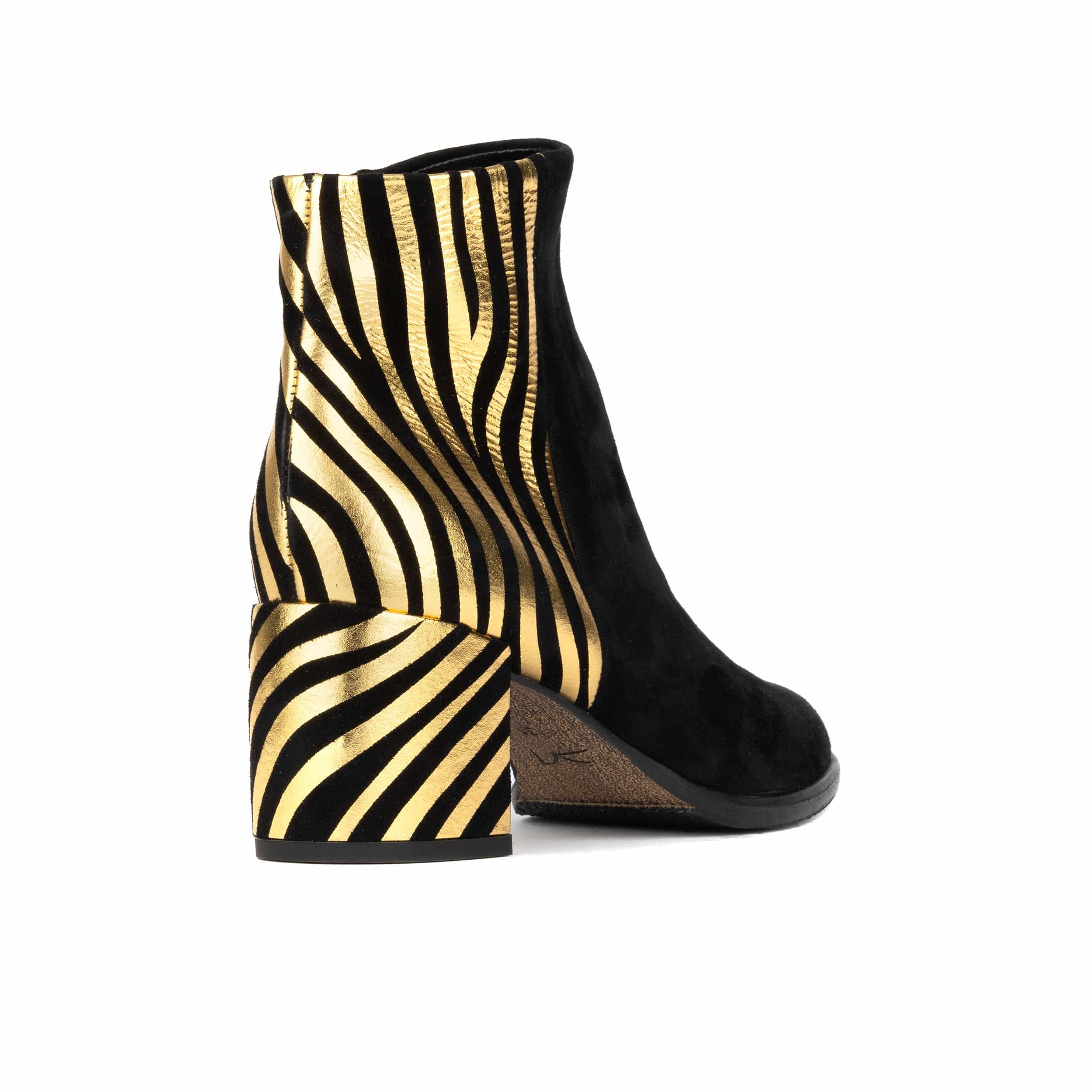 Impala - Black & Gold - Women's Suede Ankle Boot with Block Heel & Gold Foil Zebra Stripes - Image 5