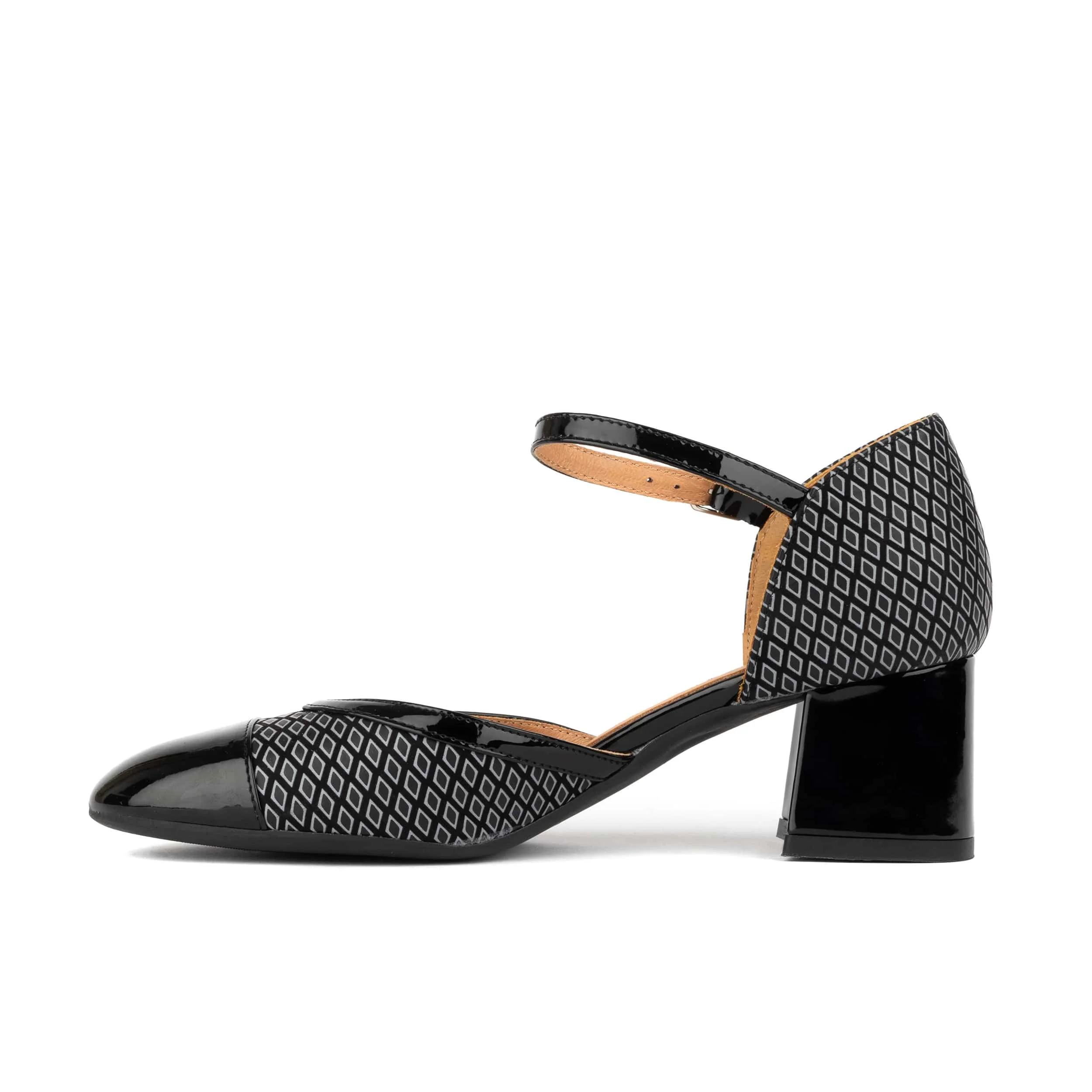 Kemi -  Black & Grey Diamonds - Women's Leather Almond-Toe Block Heel - Image 3