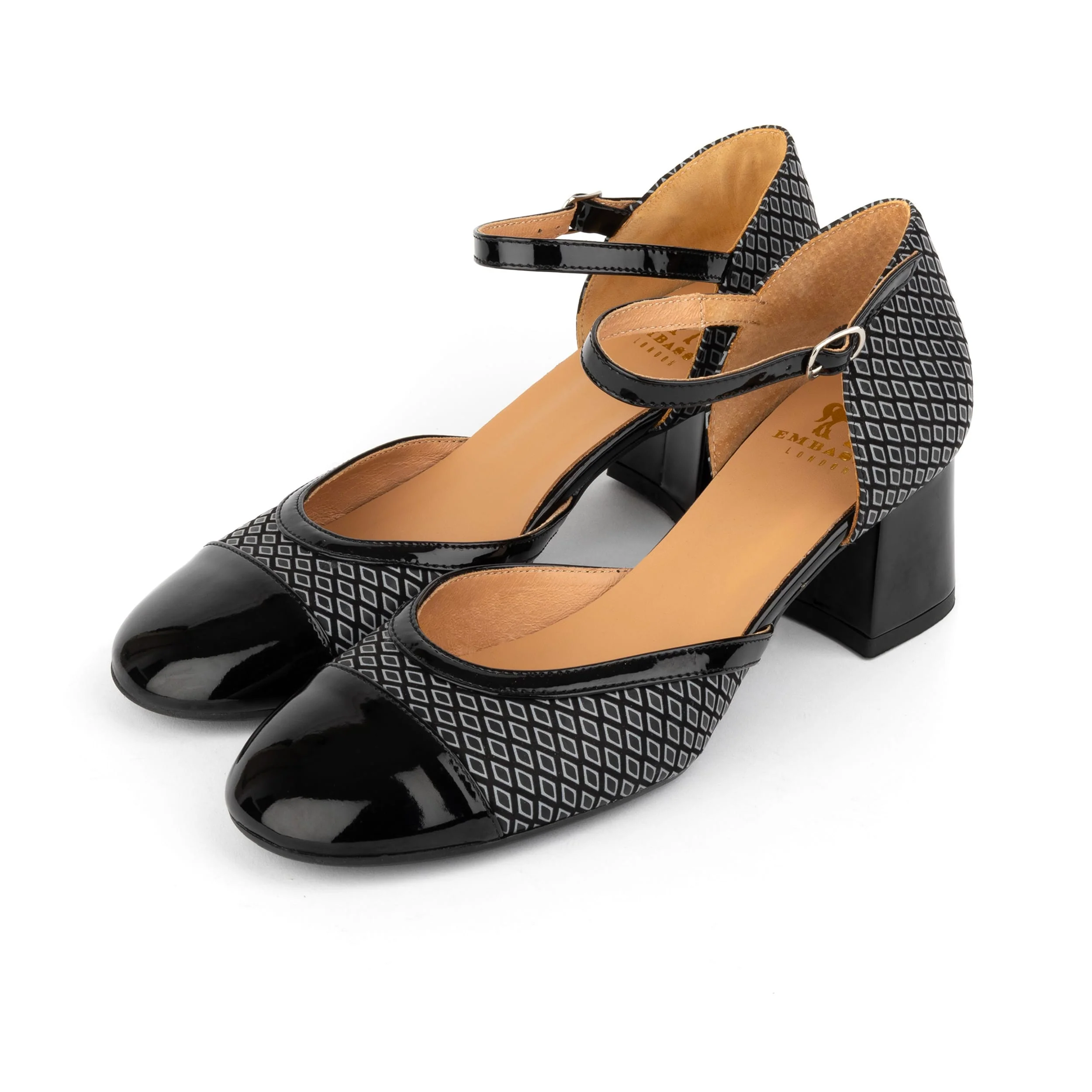 Kemi -  Black & Grey Diamonds - Women's Leather Almond-Toe Block Heel - Image 7