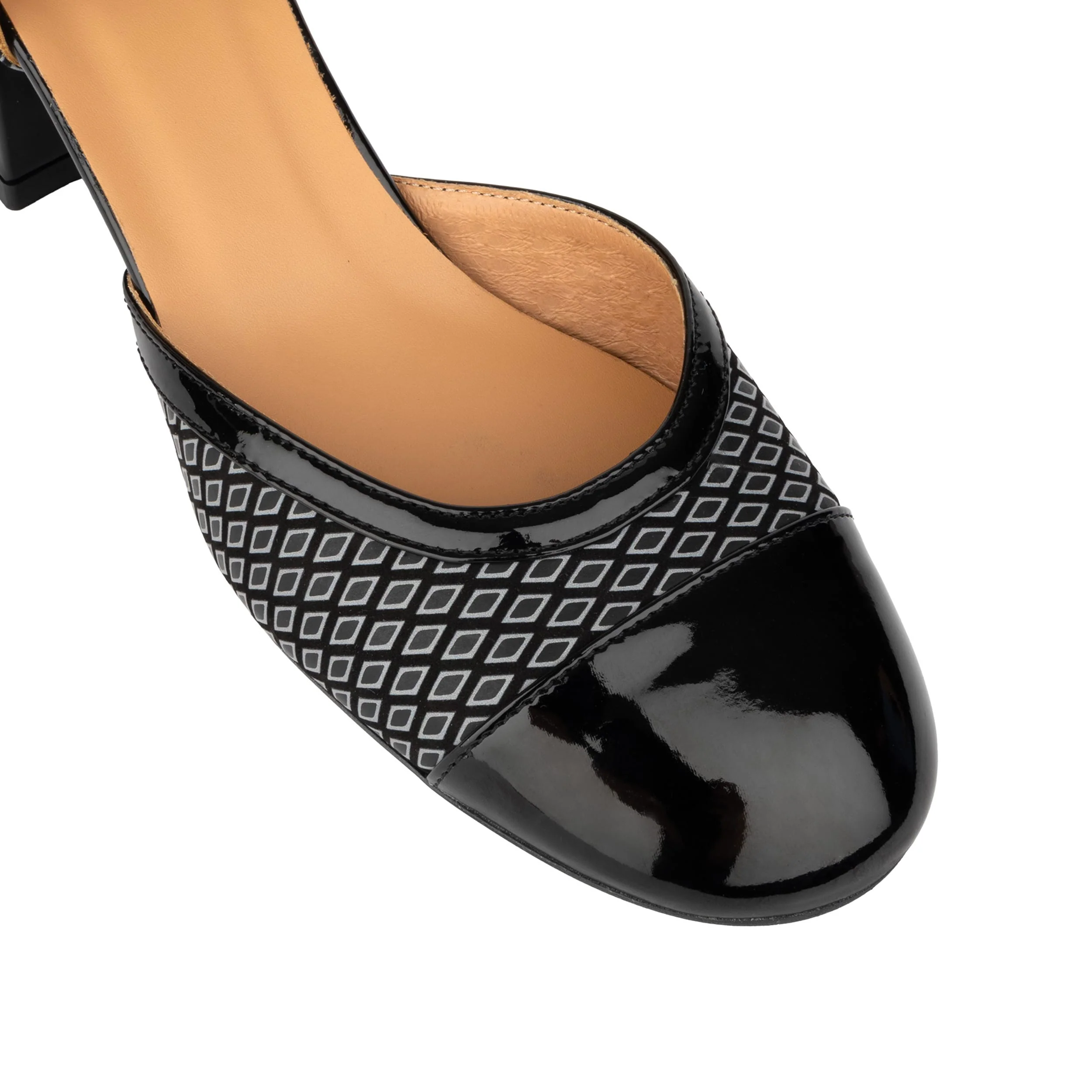 Kemi -  Black & Grey Diamonds - Women's Leather Almond-Toe Block Heel - Image 8