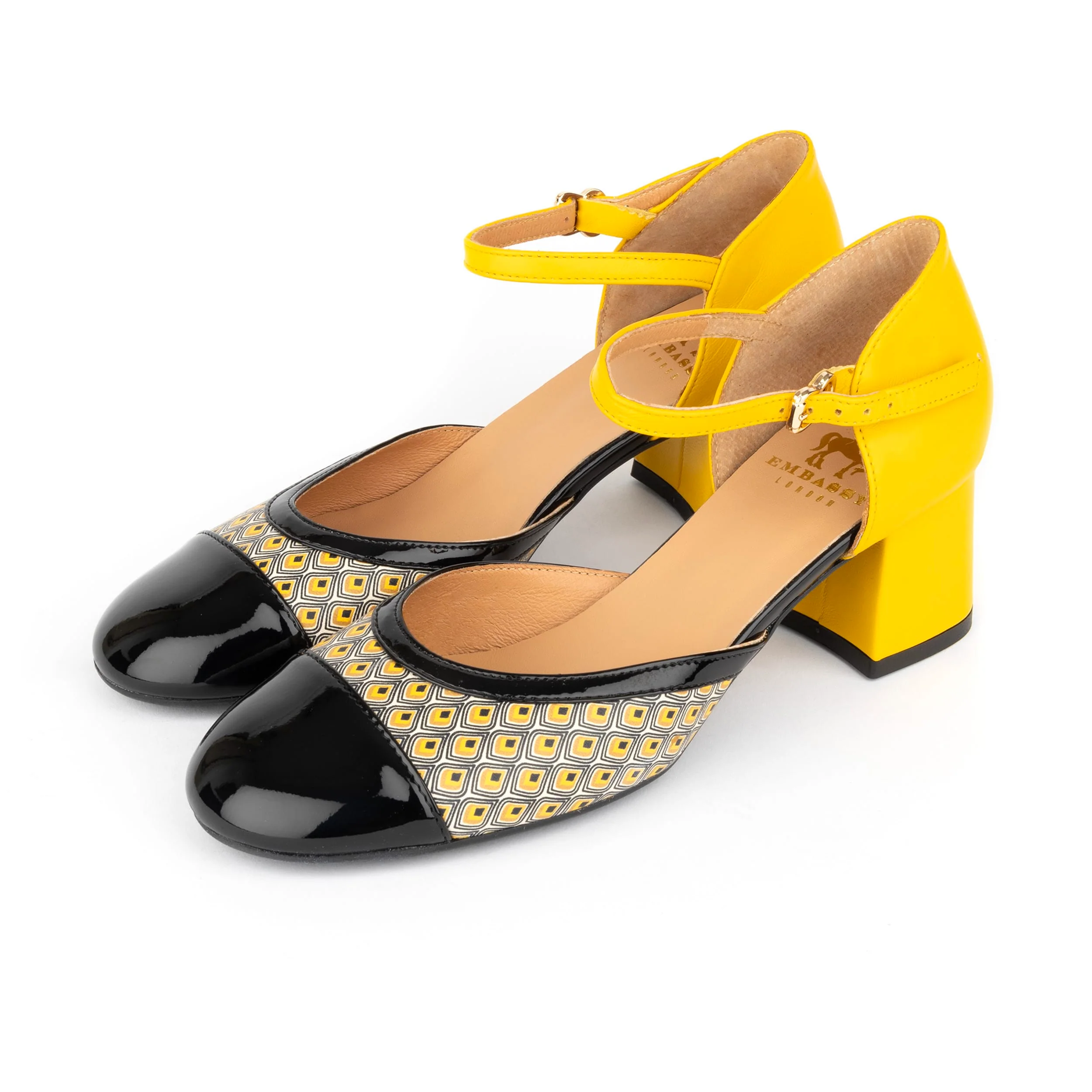 Kemi - Black & Yellow - Women's Leather Almond-Toe Block Heel - Image 10