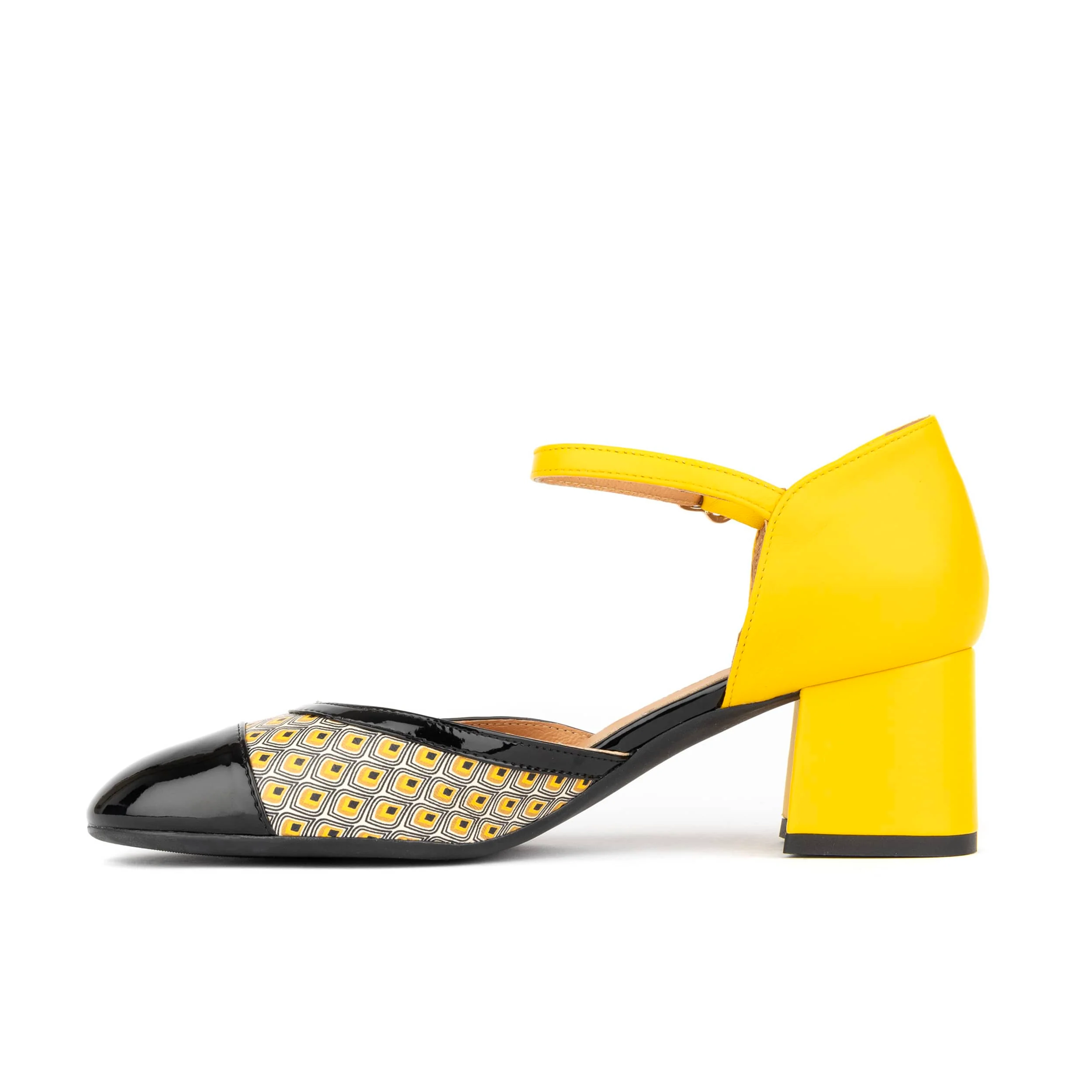 Kemi - Black & Yellow - Women's Leather Almond-Toe Block Heel - Image 4