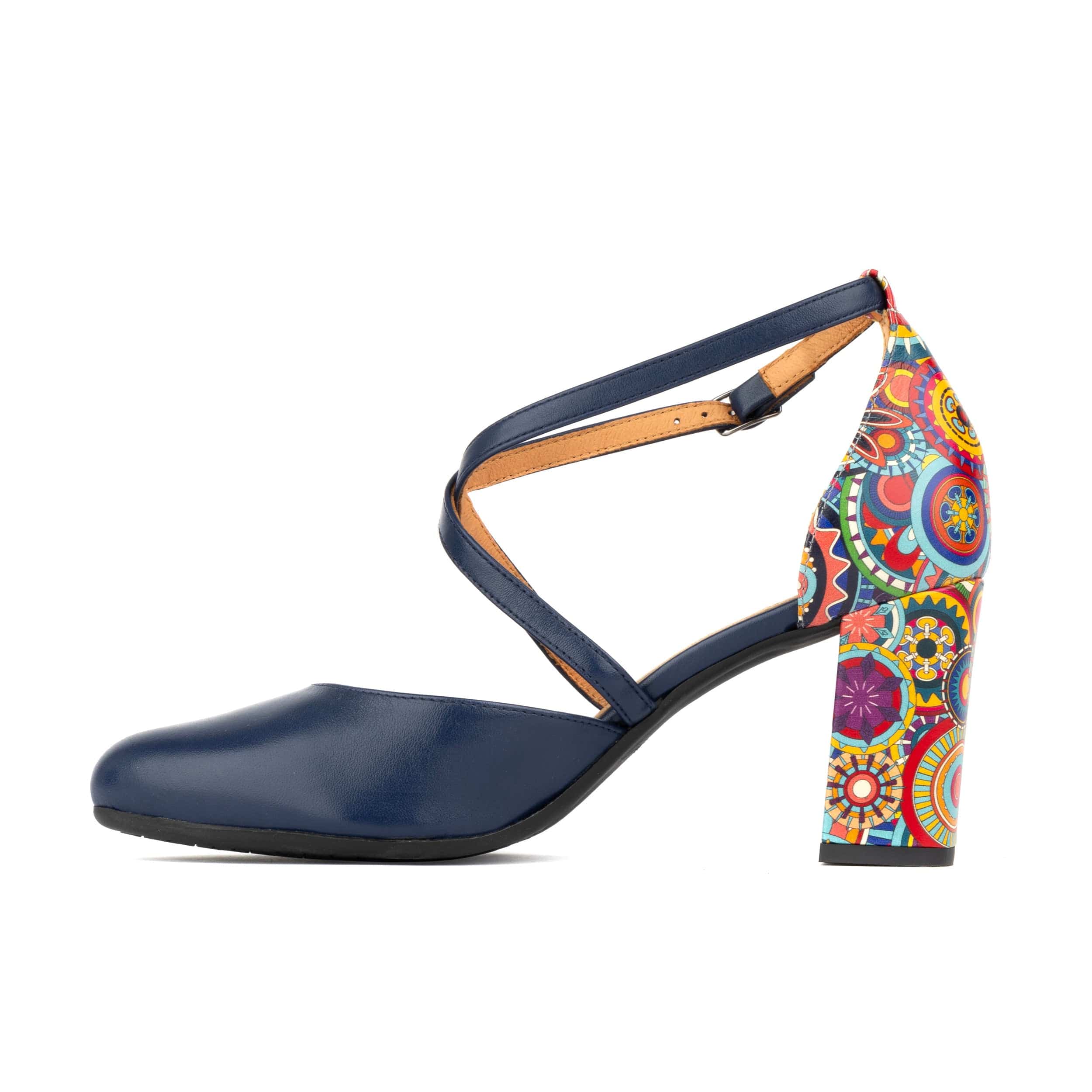 Kylie - Navy & Signature Print - Women's leather strappy 3 inch block heel in navy - Image 4
