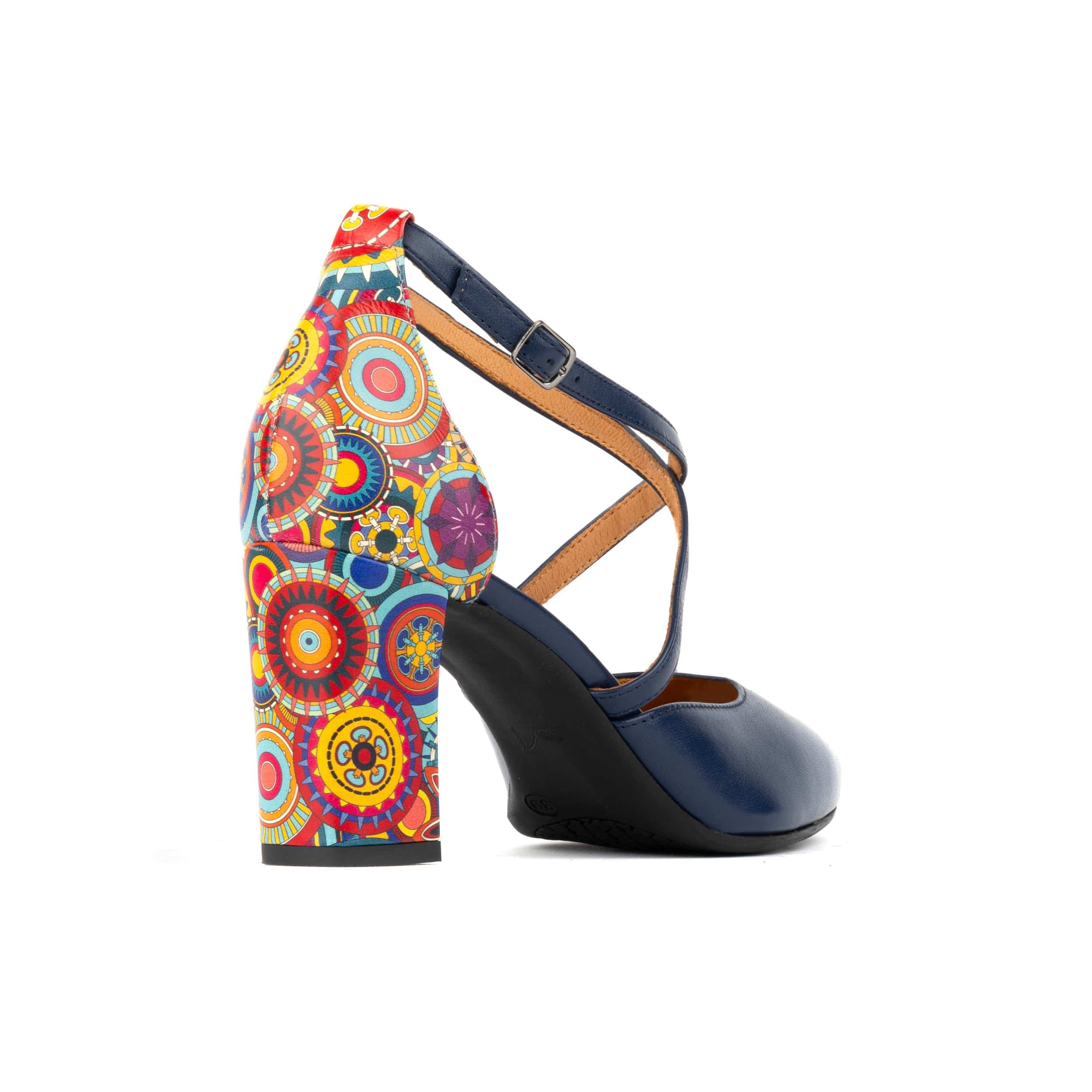 Kylie - Navy & Signature Print - Women's leather strappy 3 inch block heel in navy - Image 5