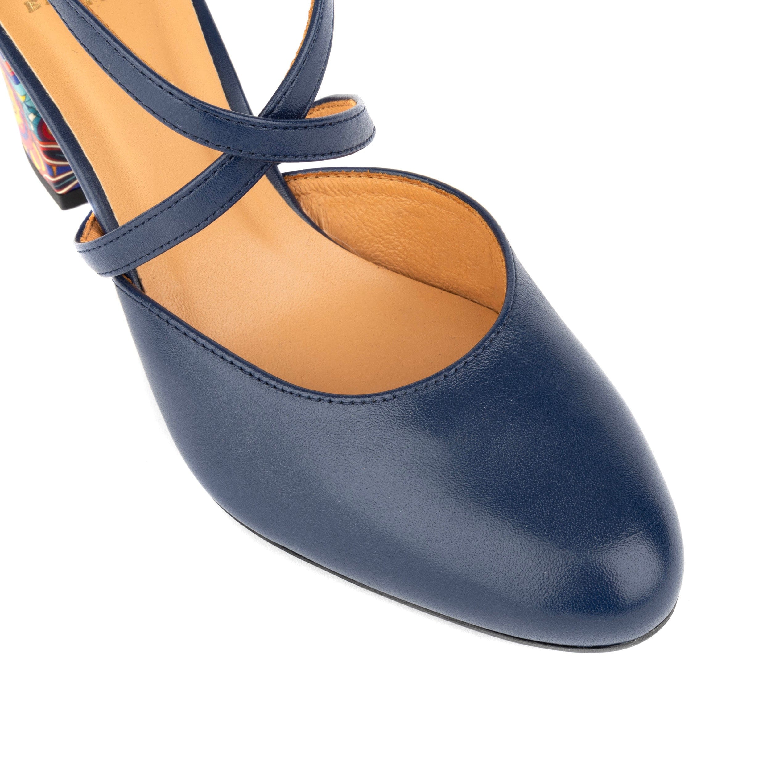Kylie - Navy & Signature Print - Women's leather strappy 3 inch block heel in navy - Image 8