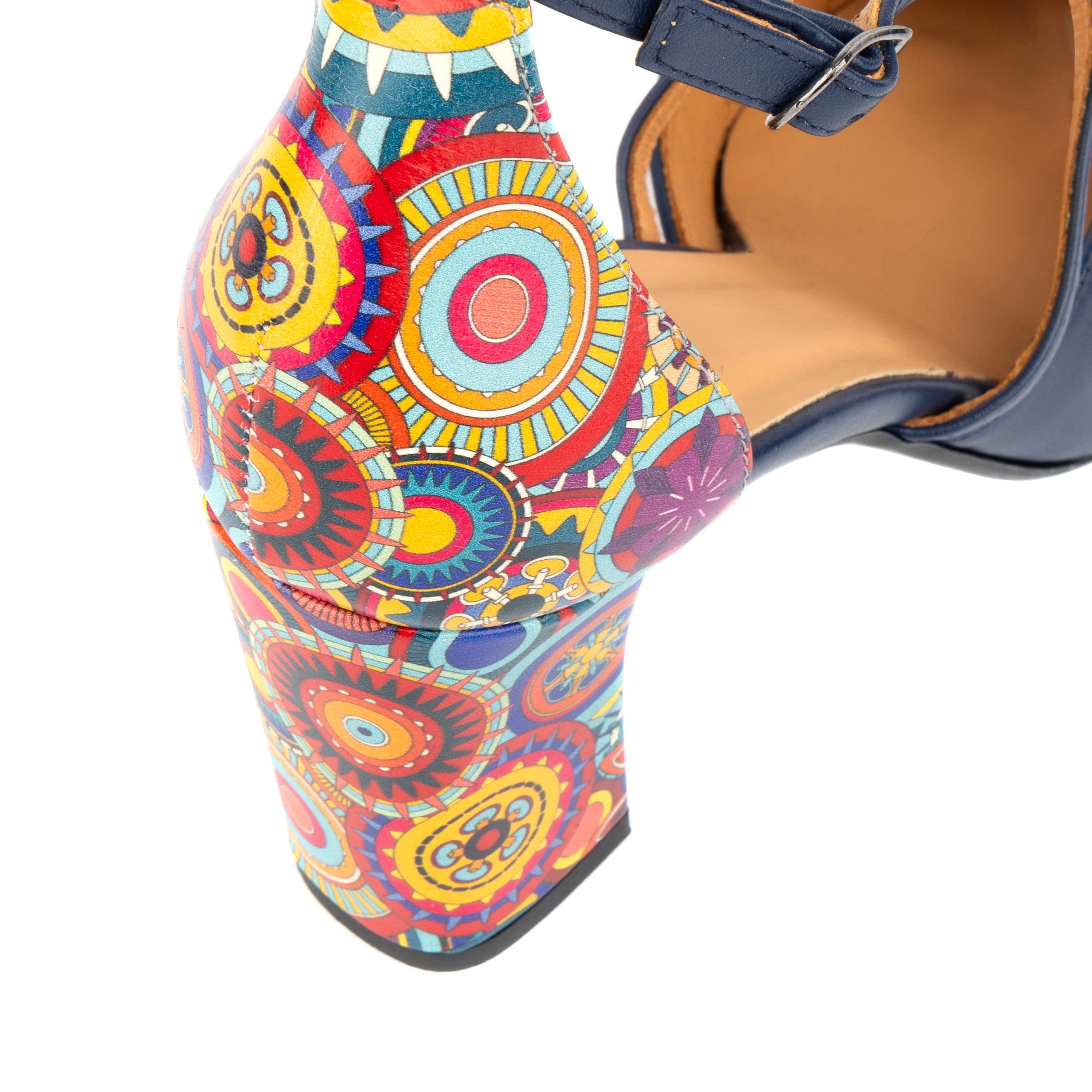 Kylie - Navy & Signature Print - Women's leather strappy 3 inch block heel in navy - Image 9