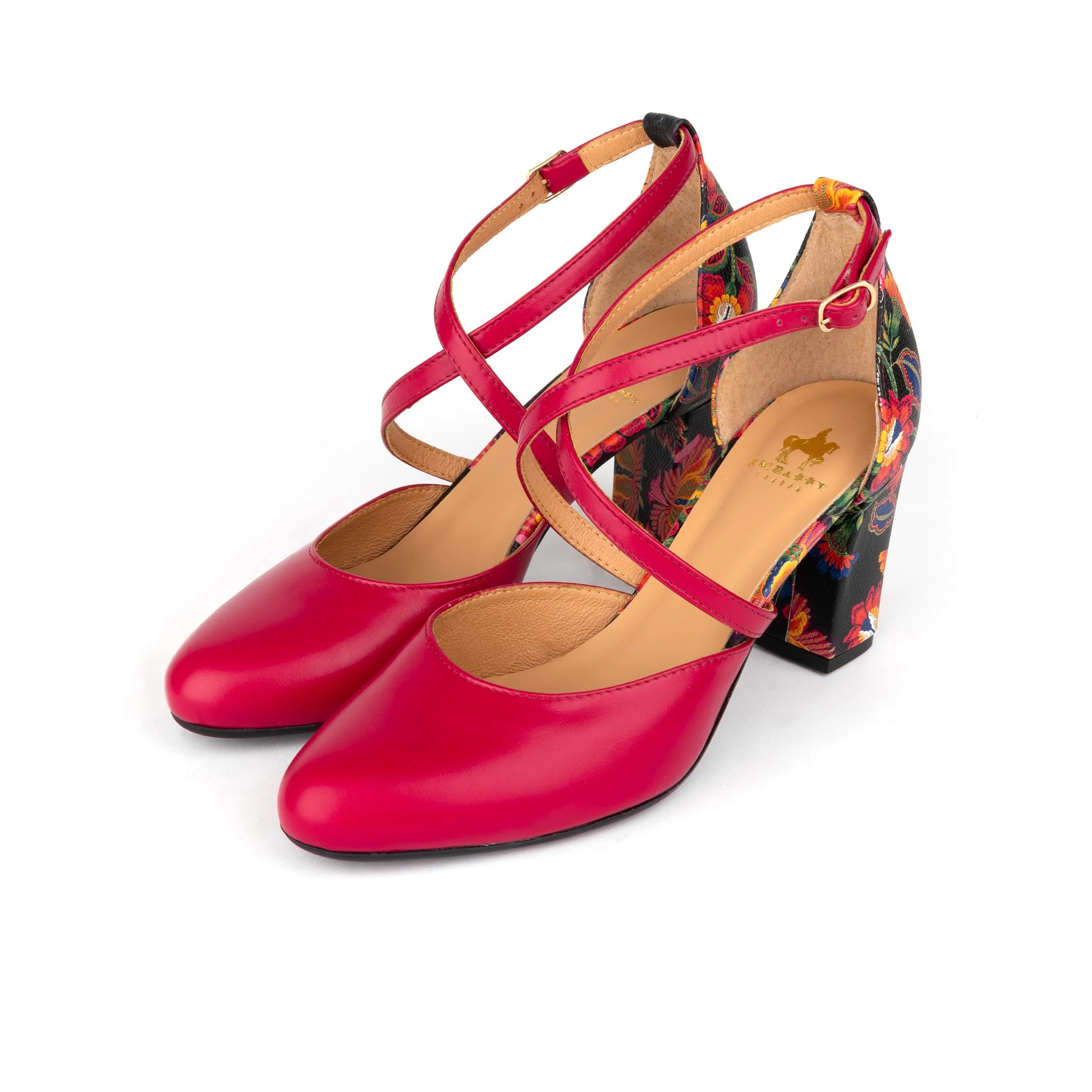 Kylie - Pink & Red Flowers - Women's leather strappy 3 inch block heel - Image 10