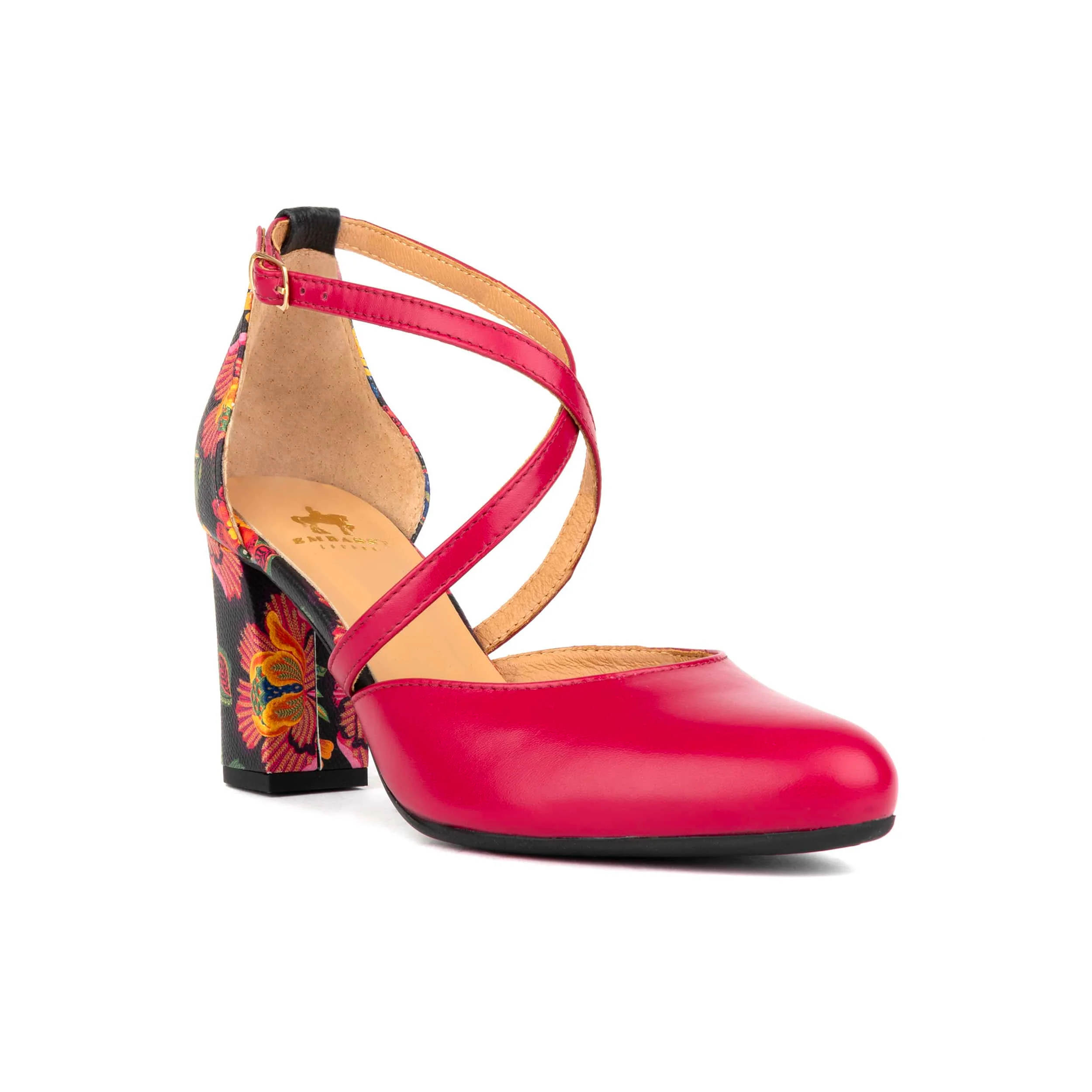 Kylie - Pink & Red Flowers - Women's leather strappy 3 inch block heel - Image 3