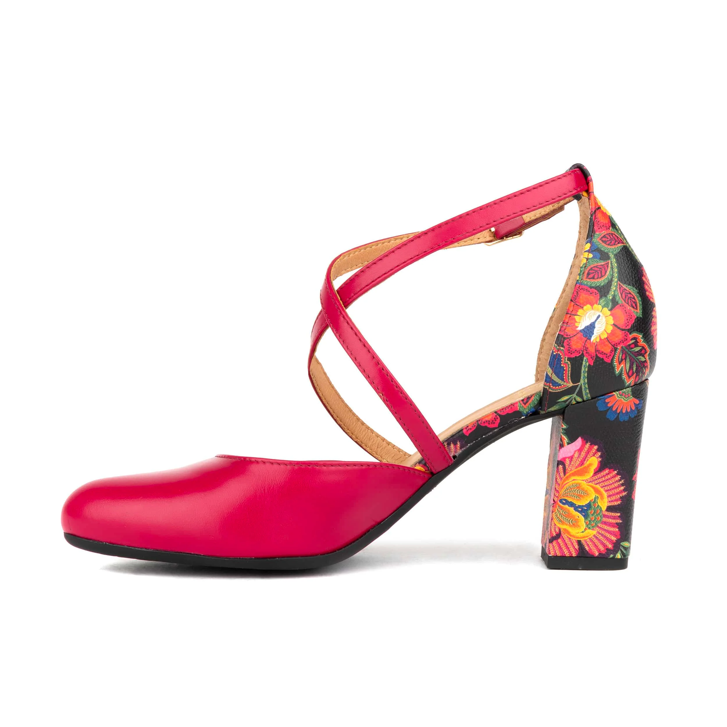 Kylie - Pink & Red Flowers - Women's leather strappy 3 inch block heel - Image 4