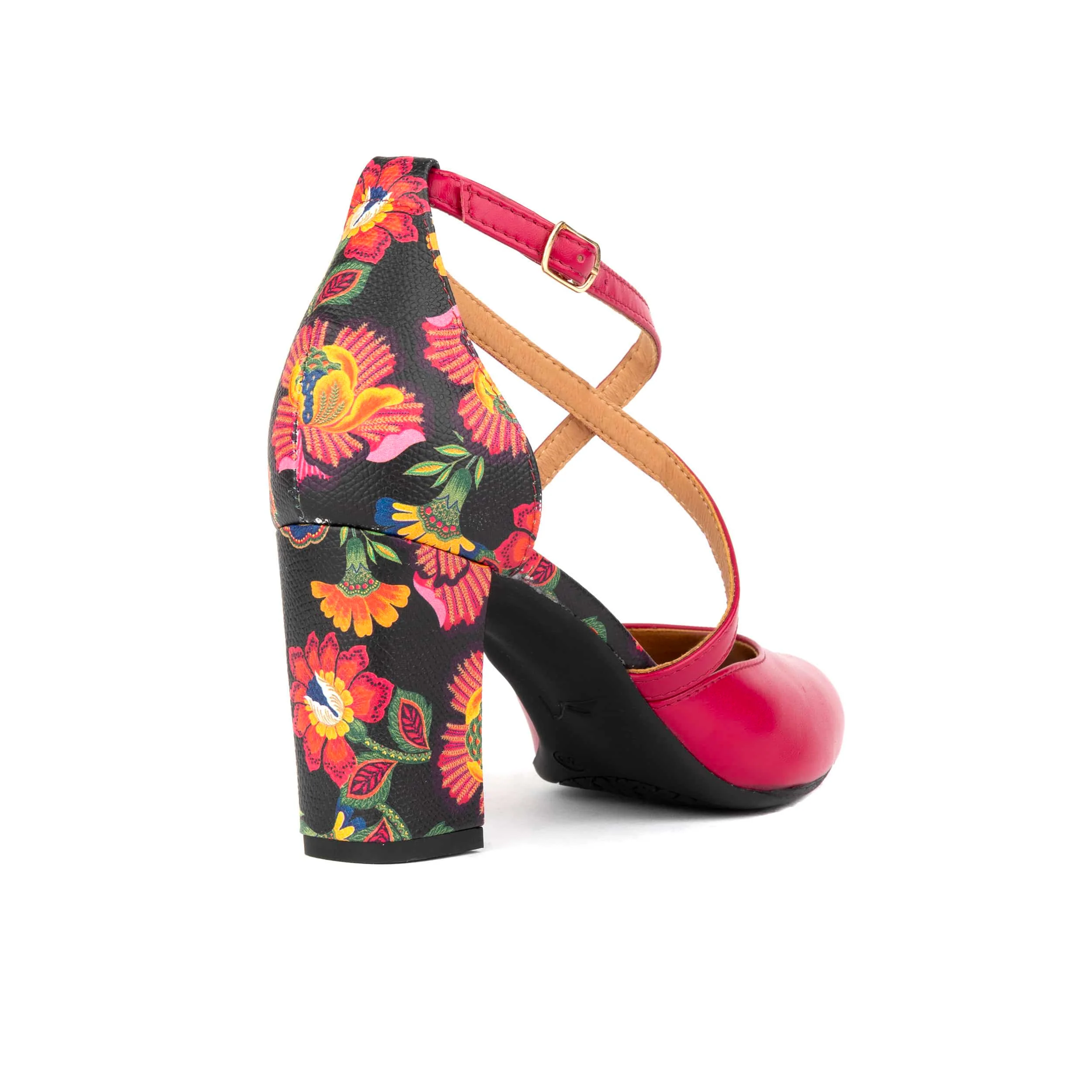 Kylie - Pink & Red Flowers - Women's leather strappy 3 inch block heel - Image 5