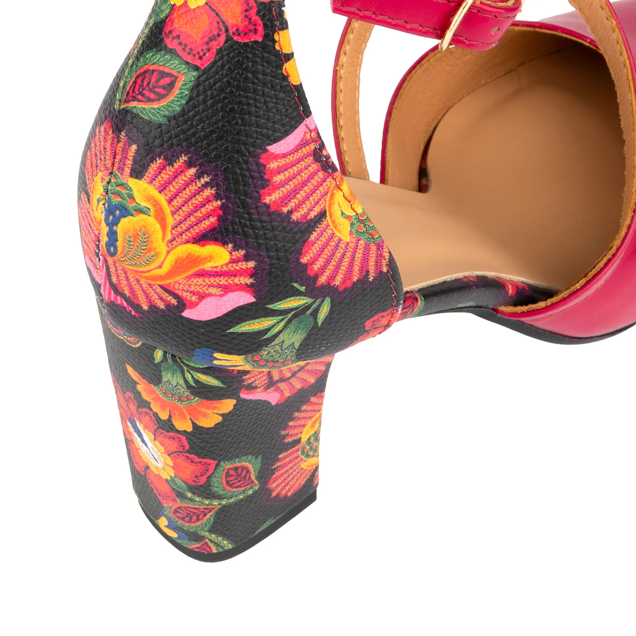 Kylie - Pink & Red Flowers - Women's leather strappy 3 inch block heel - Image 9