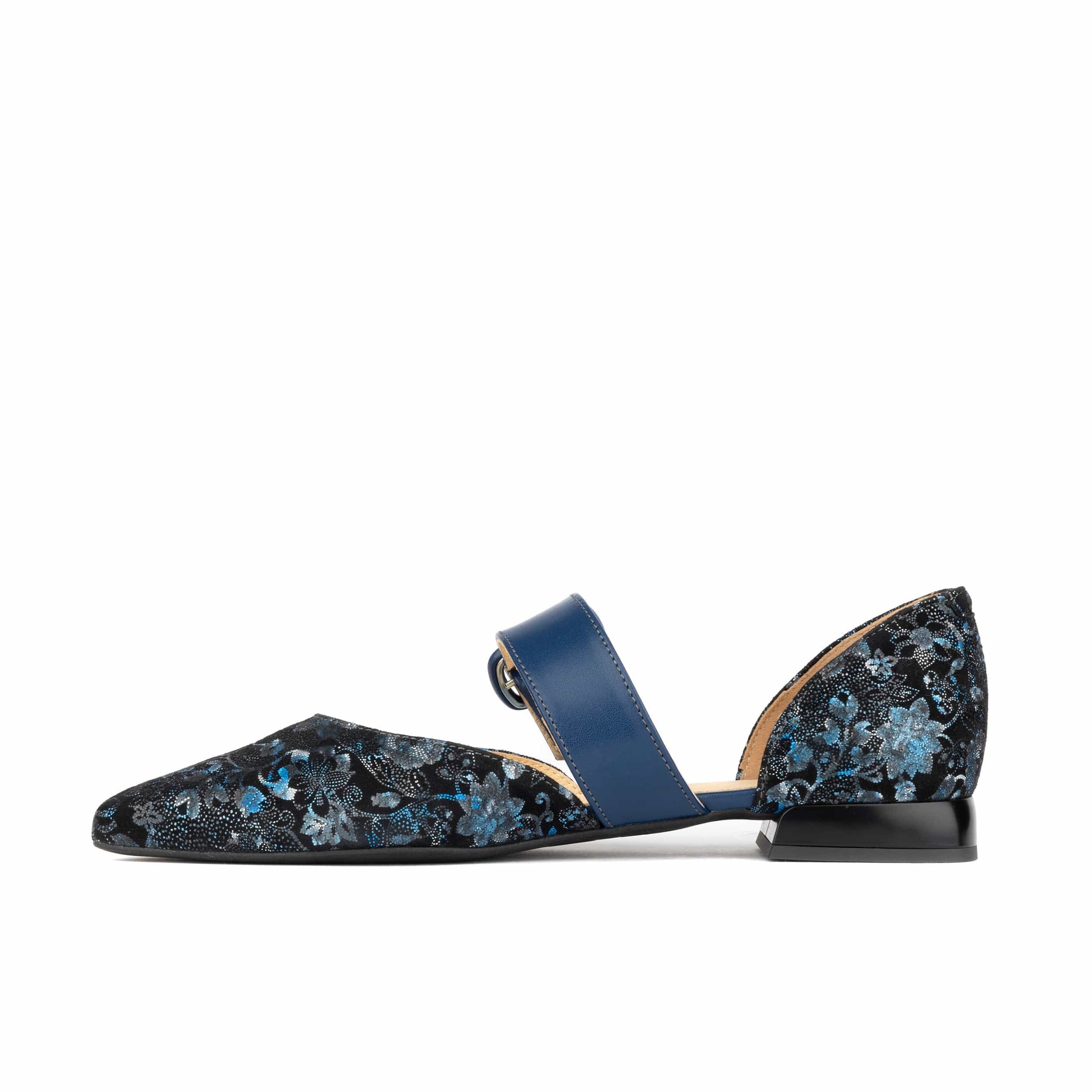 Lush - Navy & Floral - Women's leather pointed ballet pump with buckle strap - Image 3