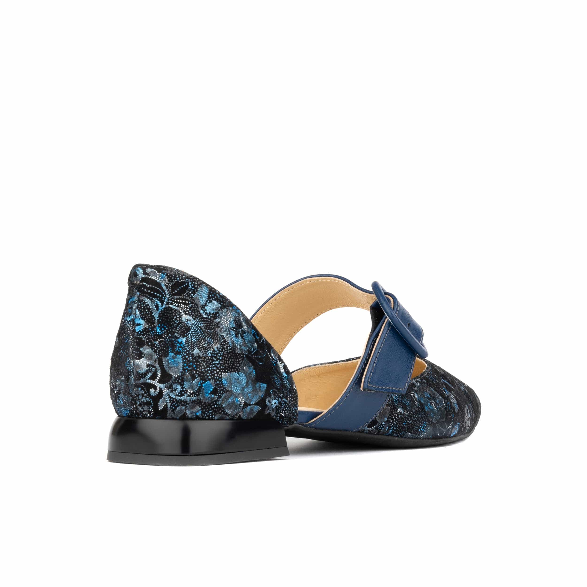 Lush - Navy & Floral - Women's leather pointed ballet pump with buckle strap - Image 4
