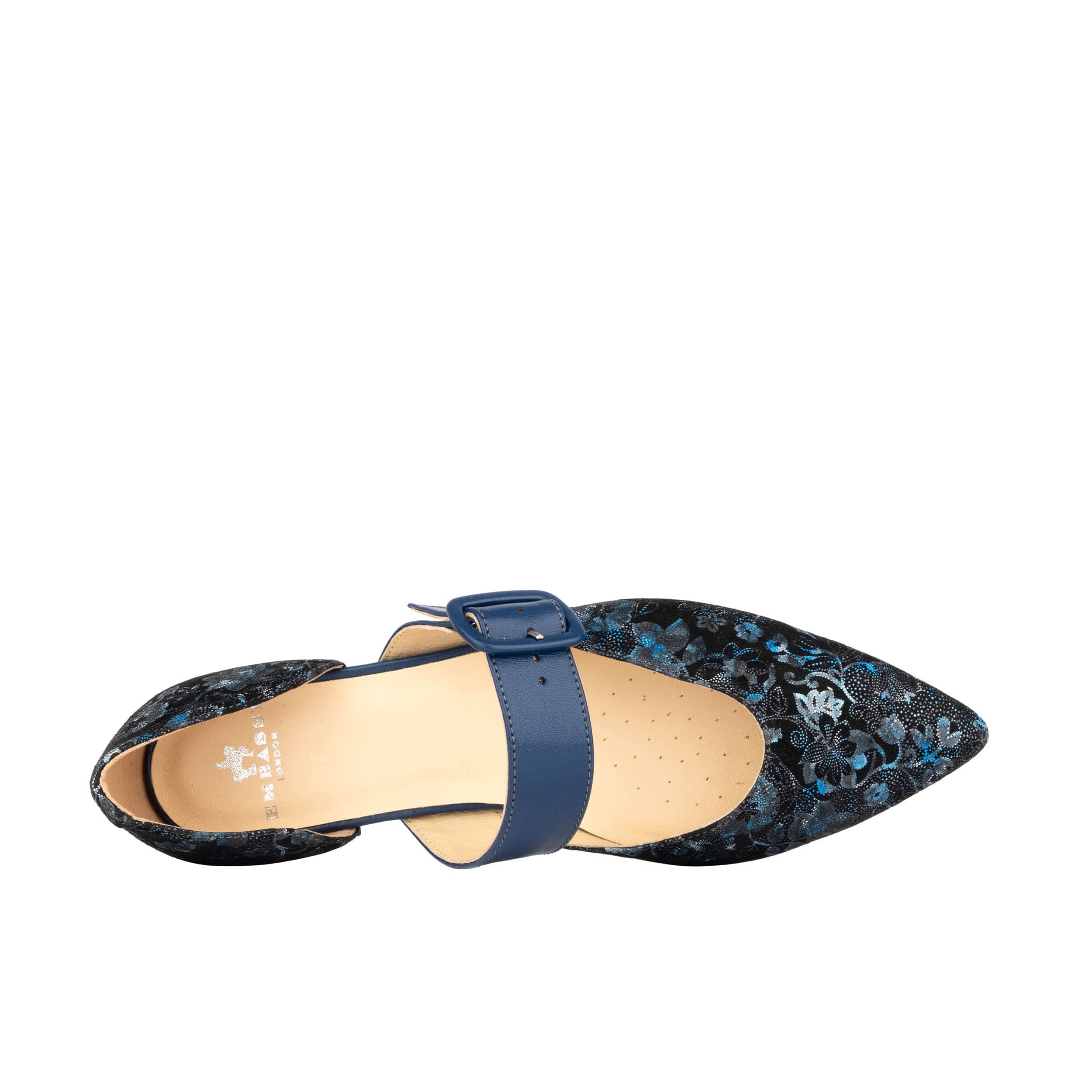 Lush - Navy & Floral - Women's leather pointed ballet pump with buckle strap - Image 6