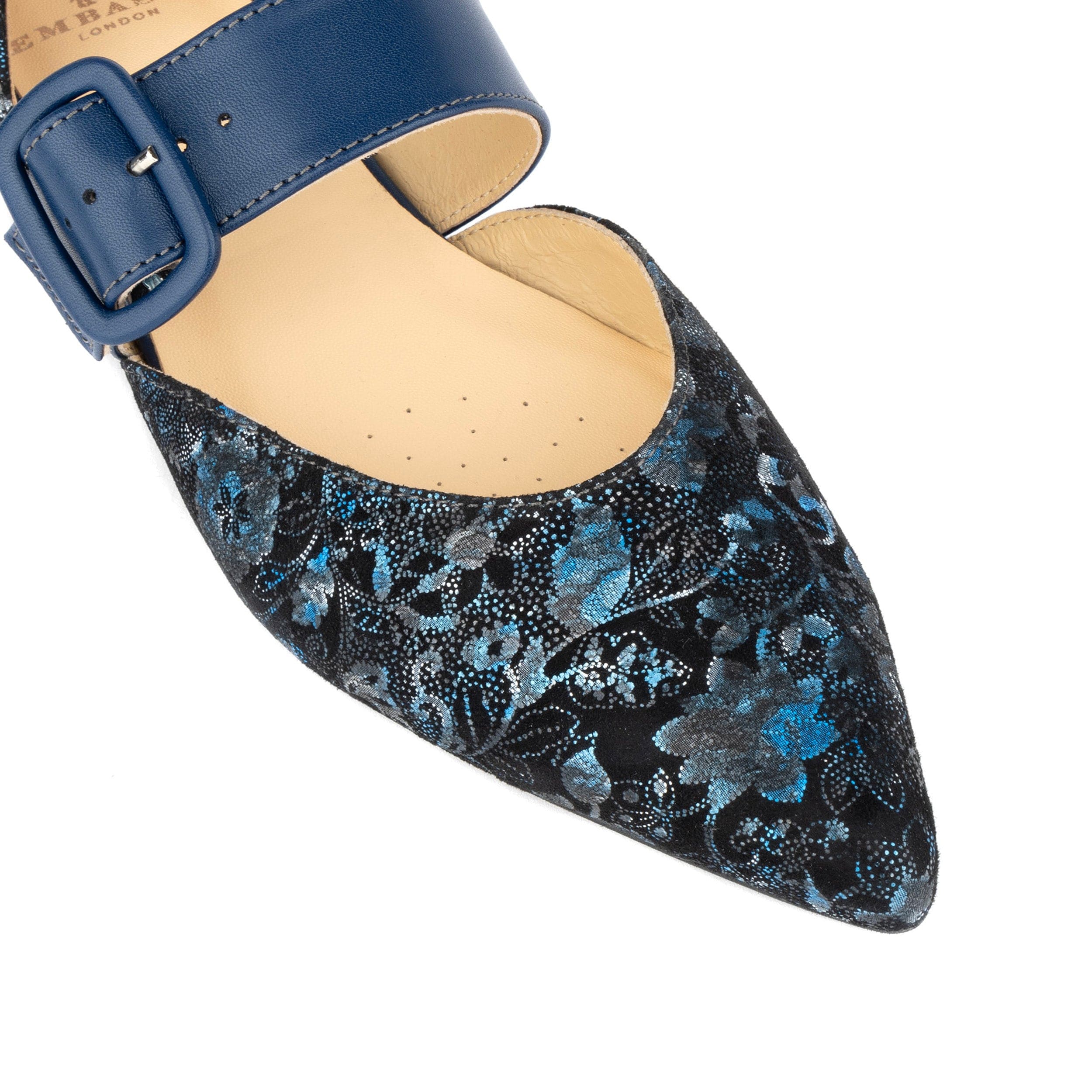 Lush - Navy & Floral - Women's leather pointed ballet pump with buckle strap - Image 7