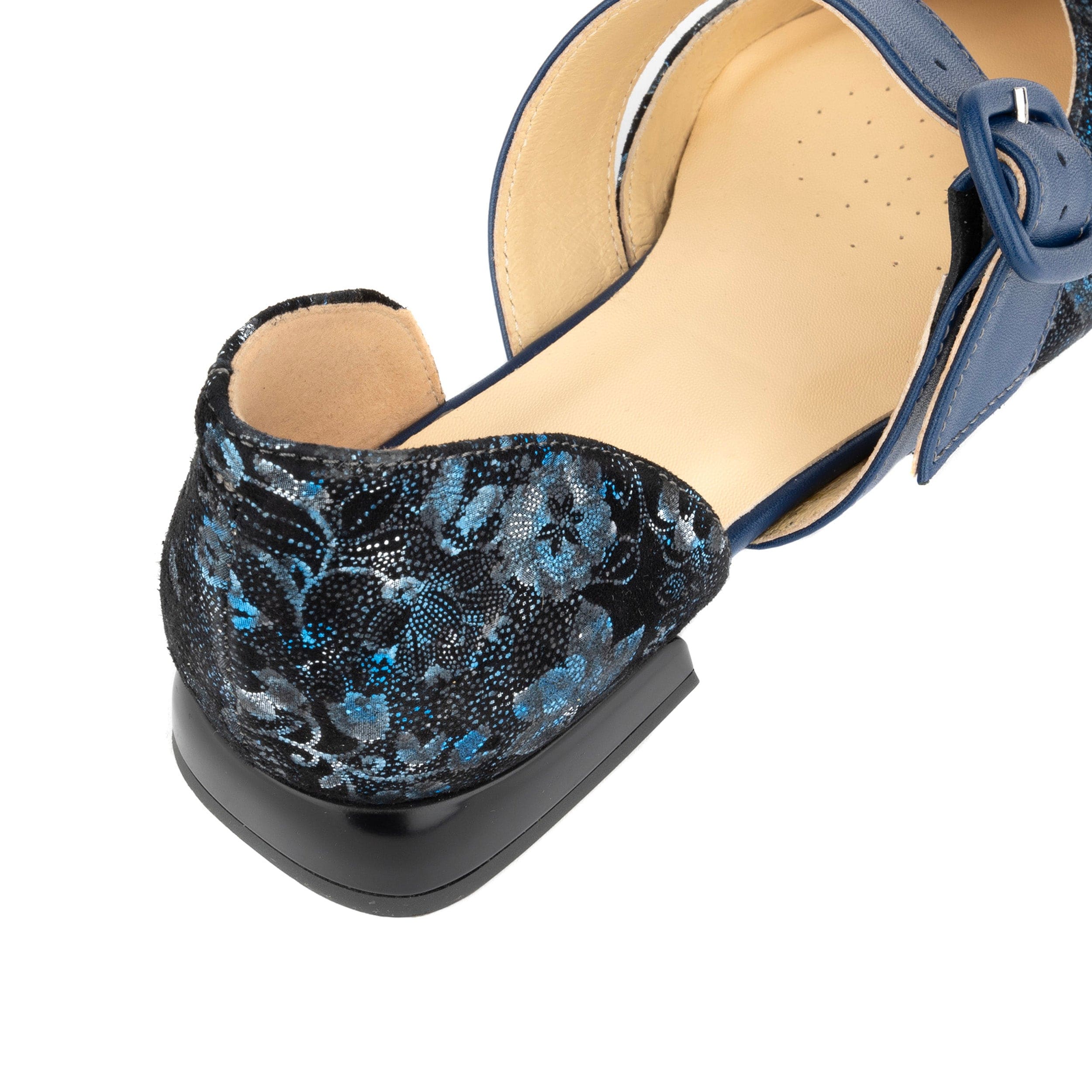 Lush - Navy & Floral - Women's leather pointed ballet pump with buckle strap - Image 8
