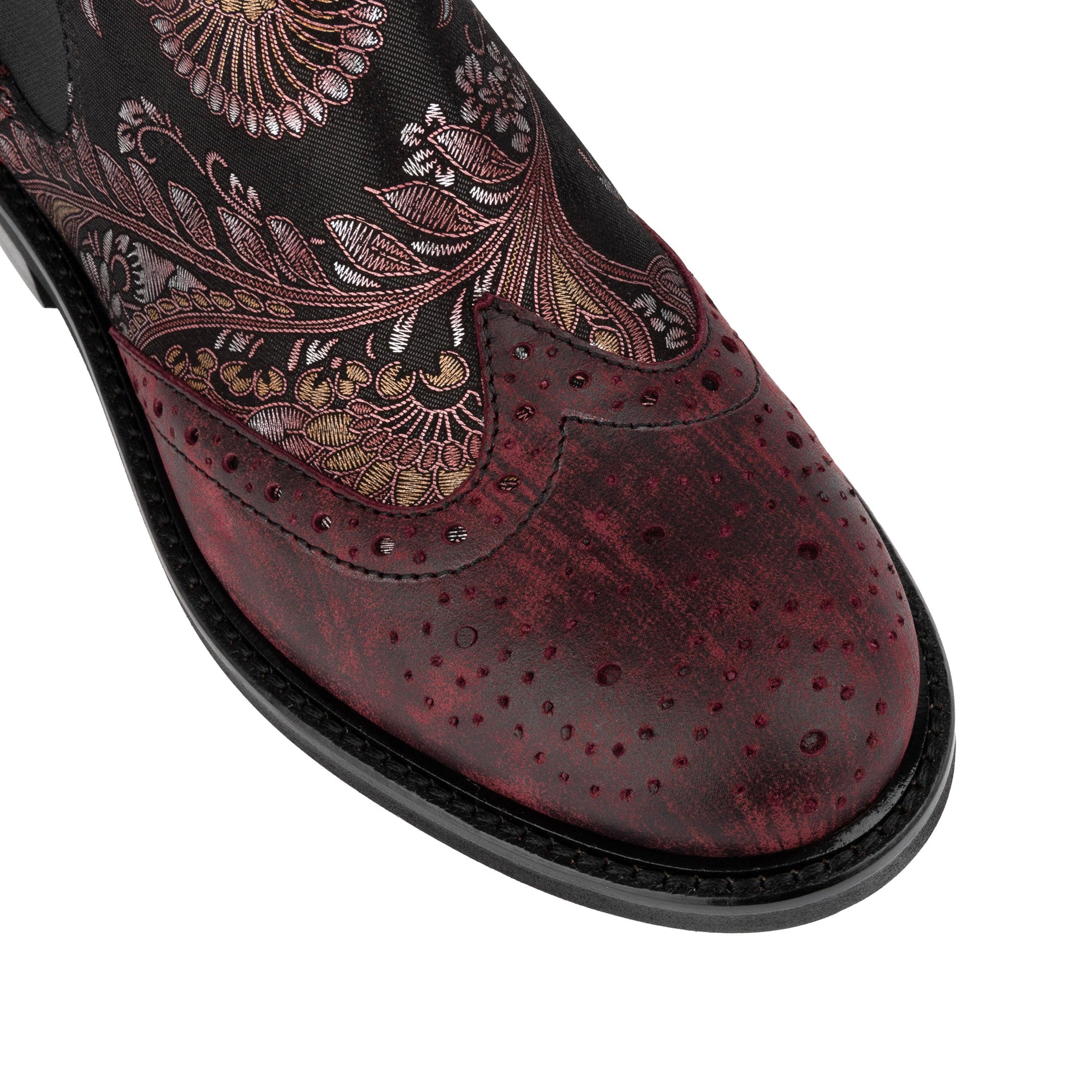 Mamacita - Floral & Burgundy - Women's chelsea boot with wingtip brogue detail - Image 7