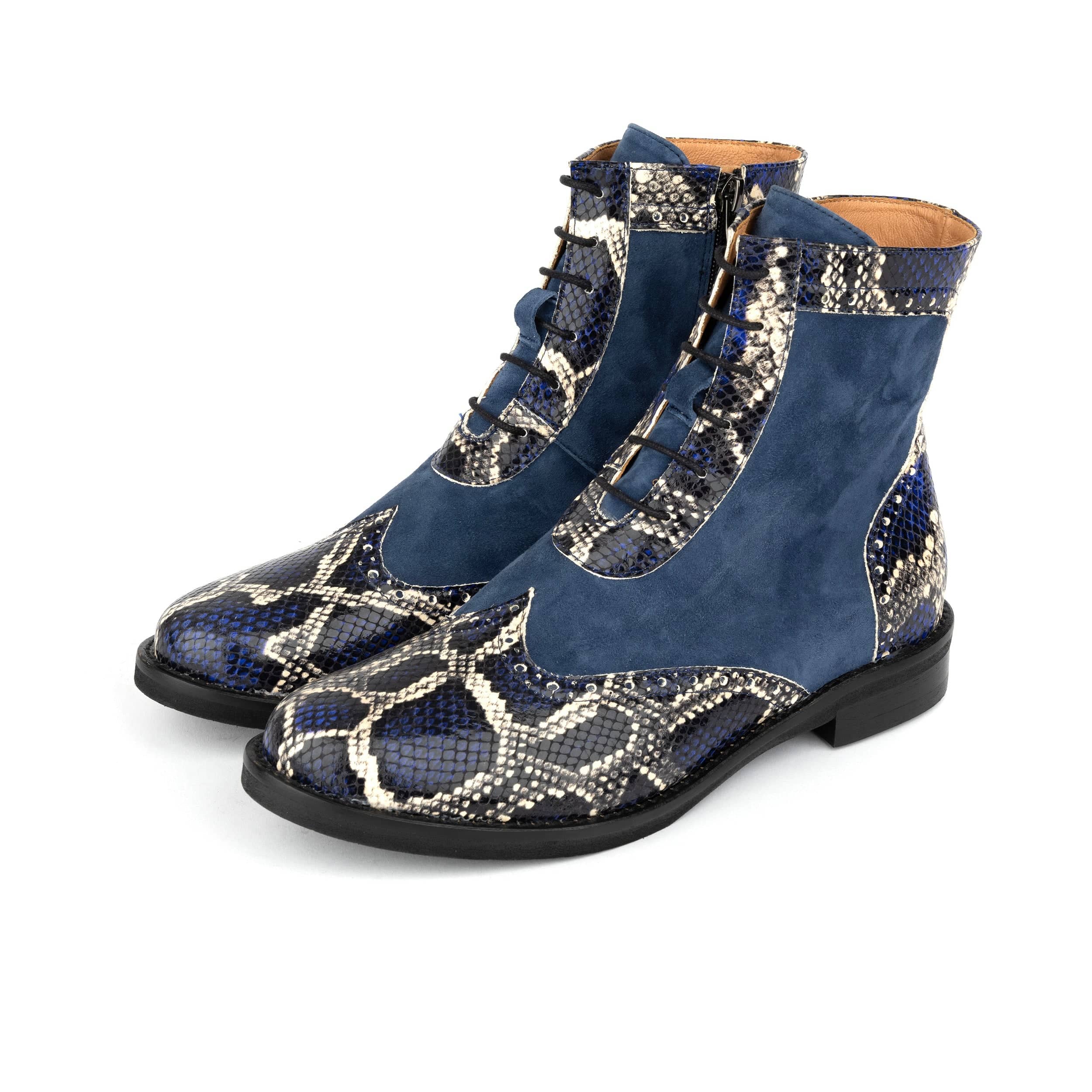 Mantis - Blue Snake - Women's above-the-ankle lace-up boot with brogue & snake print detailing - Image 10