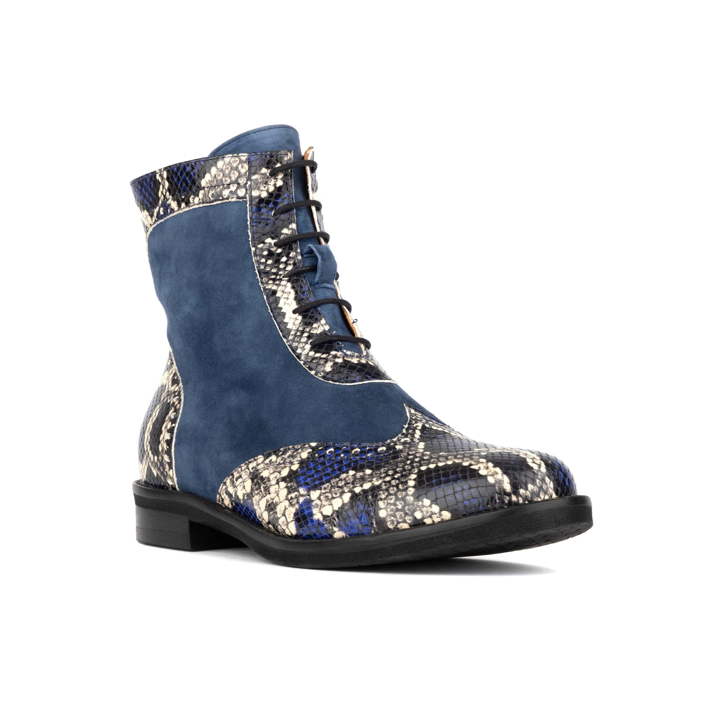 Mantis - Blue Snake - Women's above-the-ankle lace-up boot with brogue & snake print detailing - Image 3