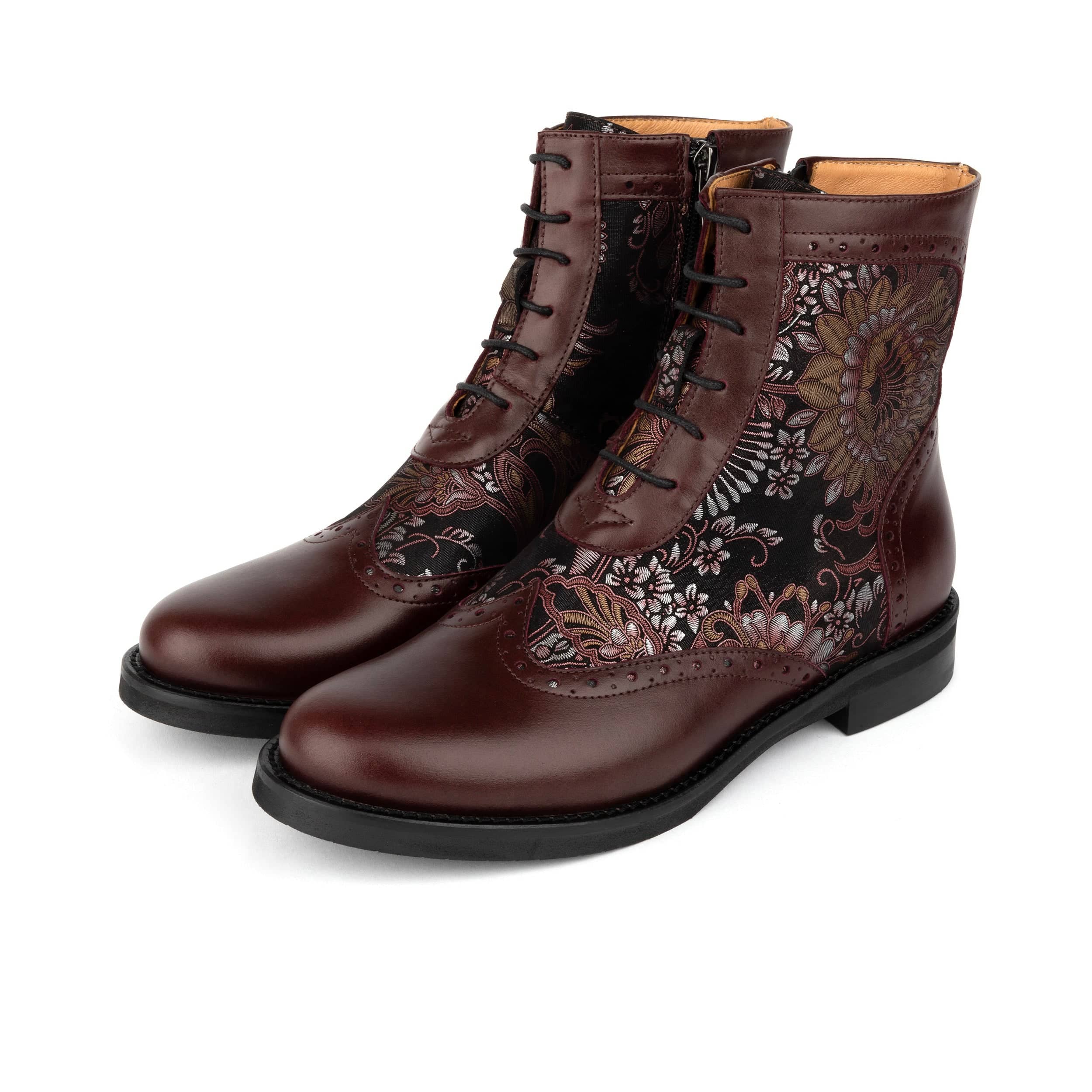 Mantis - Floral & Burgundy - Women's above-the-ankle lace-up boot with brogue & paisley detailing - Image 10