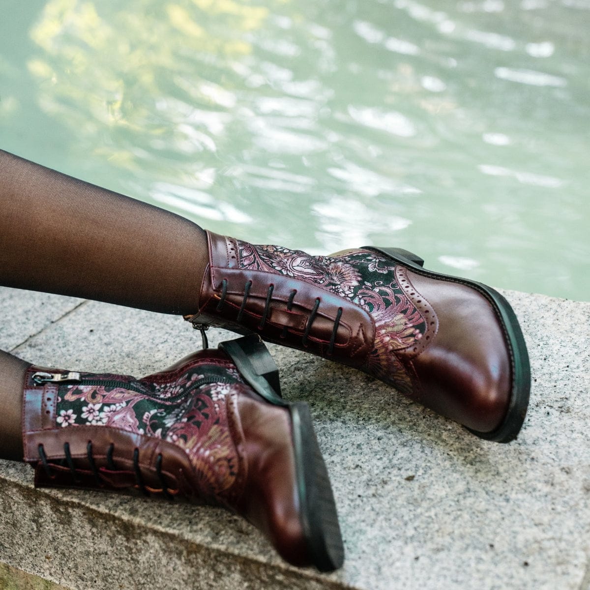 Mantis - Floral & Burgundy - Women's above-the-ankle lace-up boot with brogue & paisley detailing - Image 2