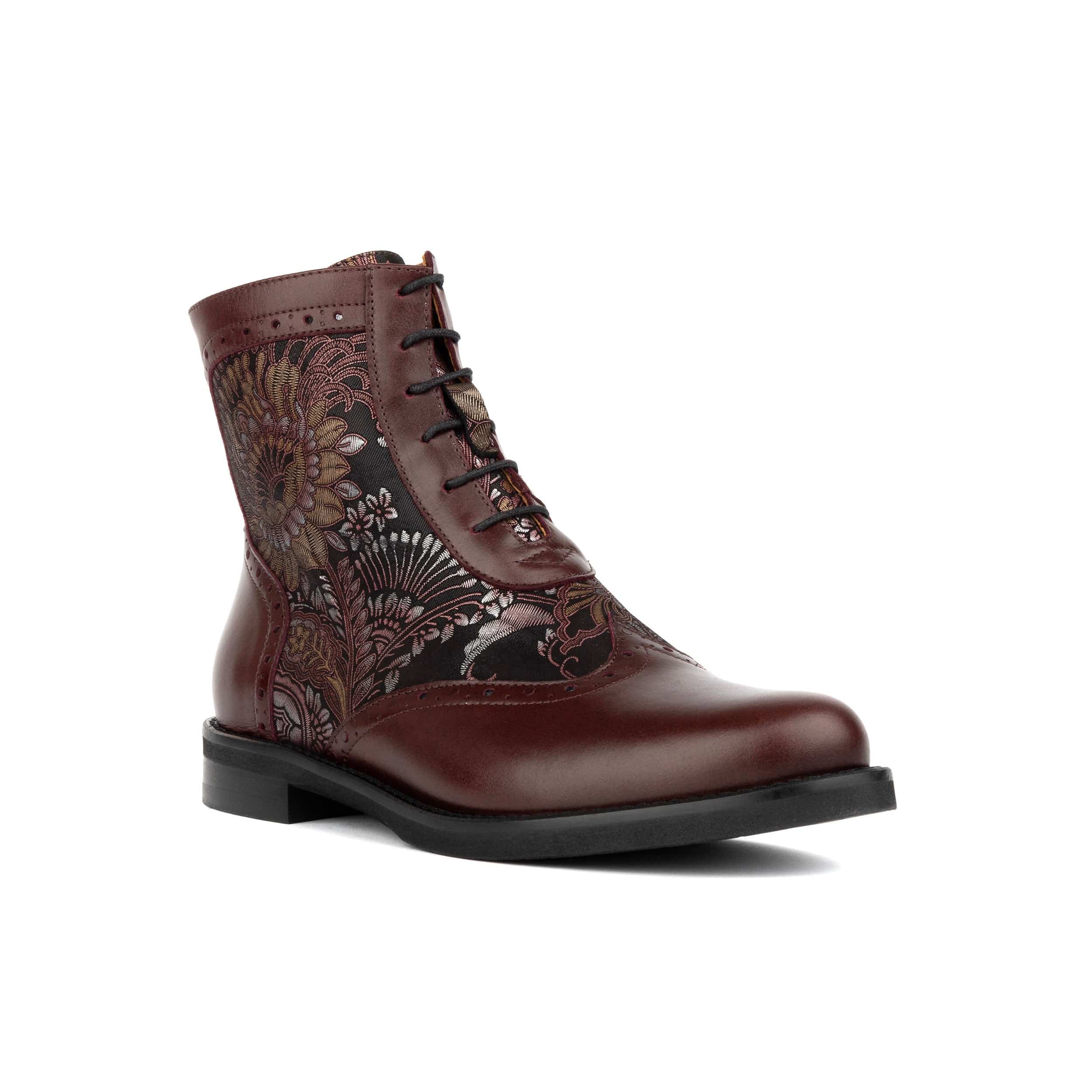Mantis - Floral & Burgundy - Women's above-the-ankle lace-up boot with brogue & paisley detailing - Image 3