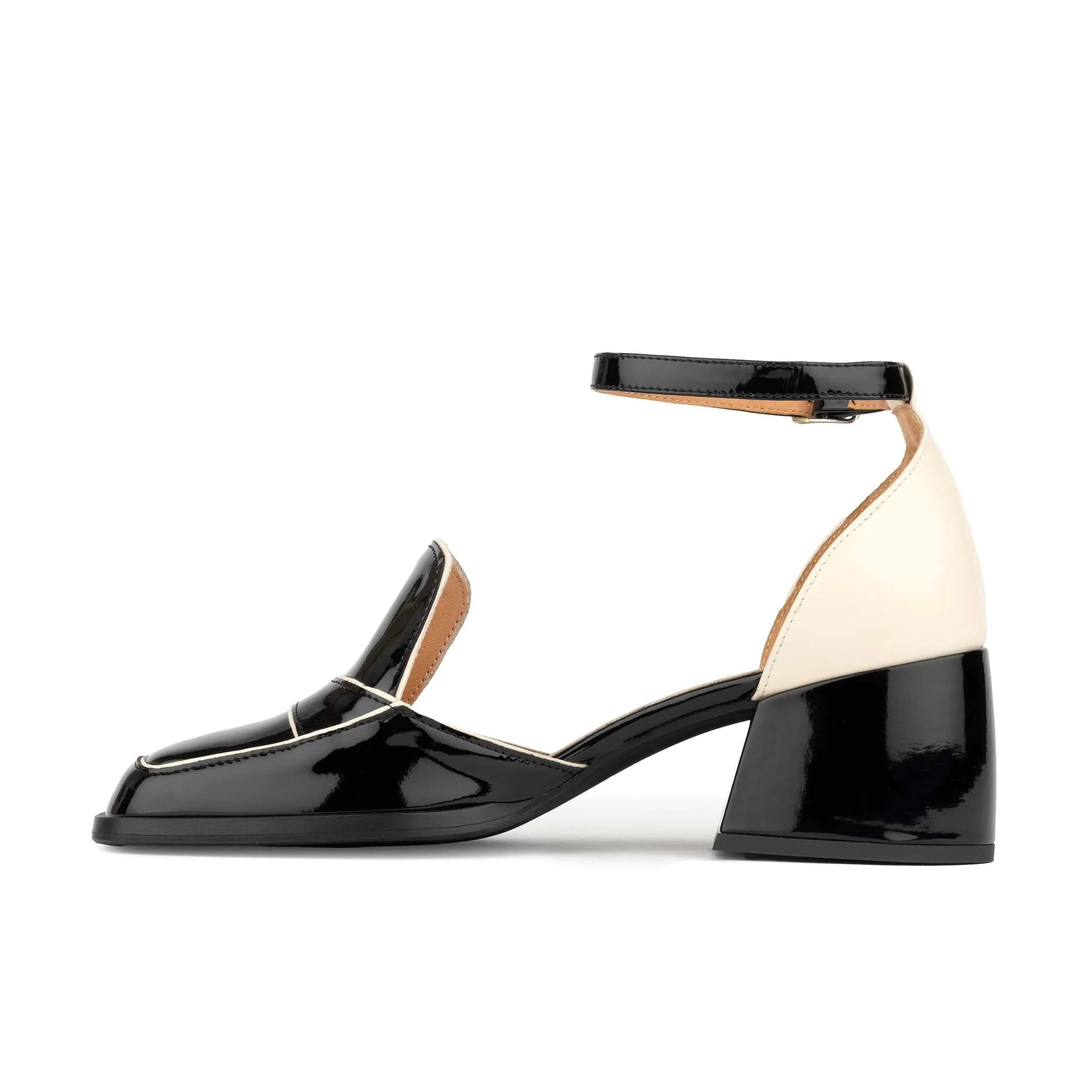Mayfair - Black & Cream - Women's square toe patent leather 2 inch heel sandal - Image 3