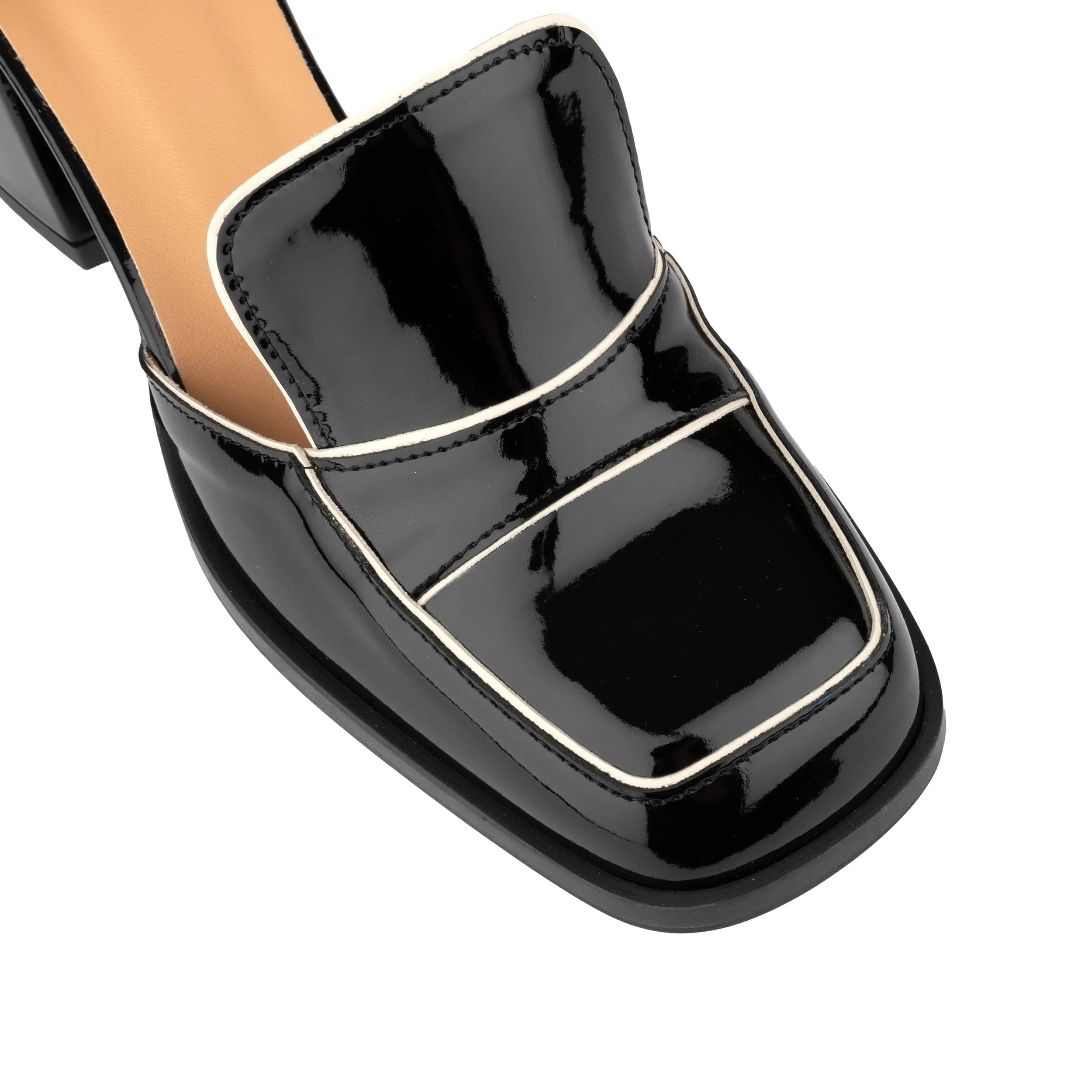 Mayfair - Black & Cream - Women's square toe patent leather 2 inch heel sandal - Image 7