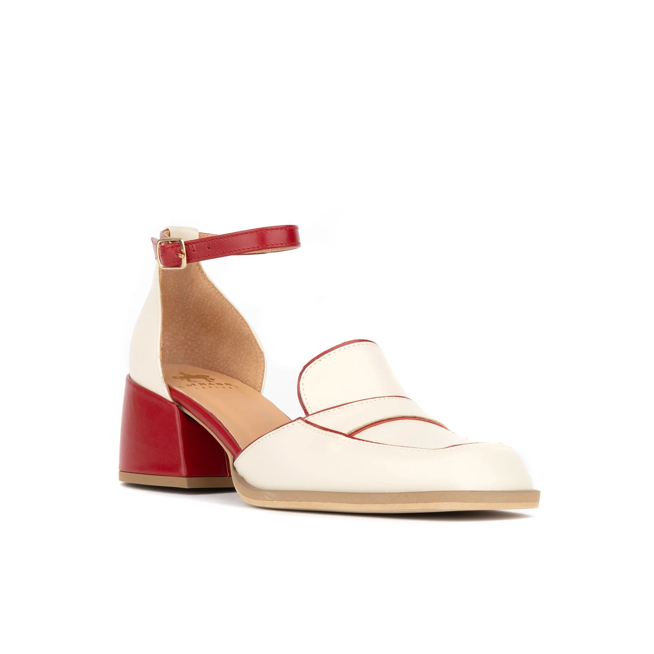 Mayfair - Red & Cream - Women's square toe leather 2 inch heel sandal - Image 2