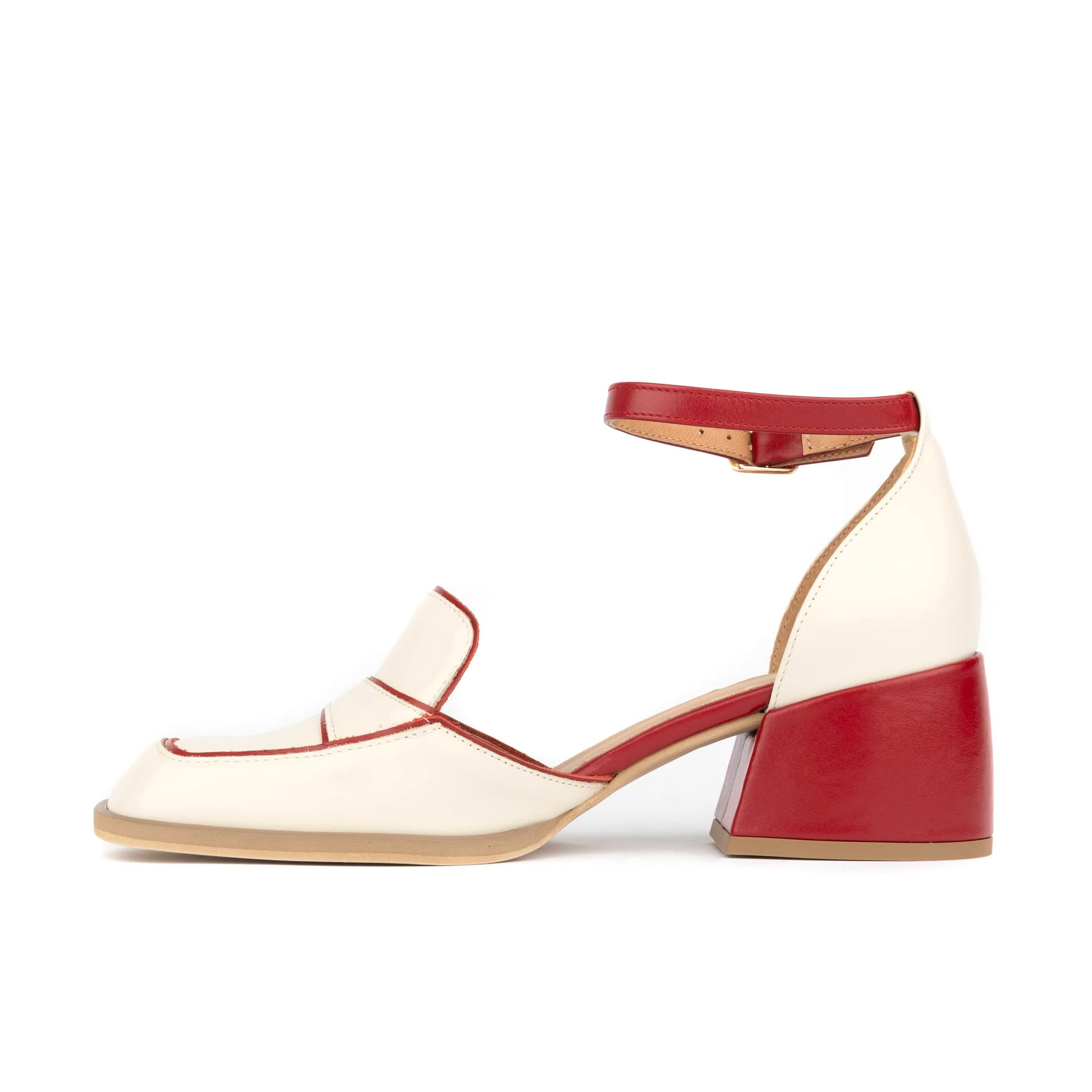 Mayfair - Red & Cream - Women's square toe leather 2 inch heel sandal - Image 3