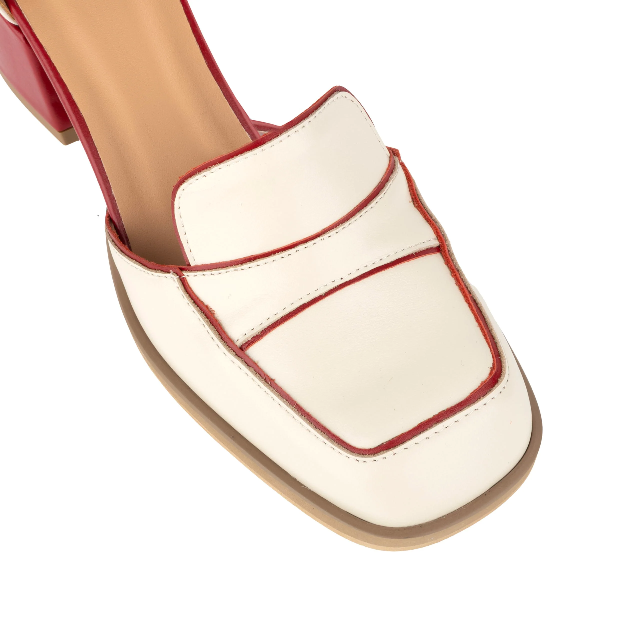 Mayfair - Red & Cream - Women's square toe leather 2 inch heel sandal - Image 7