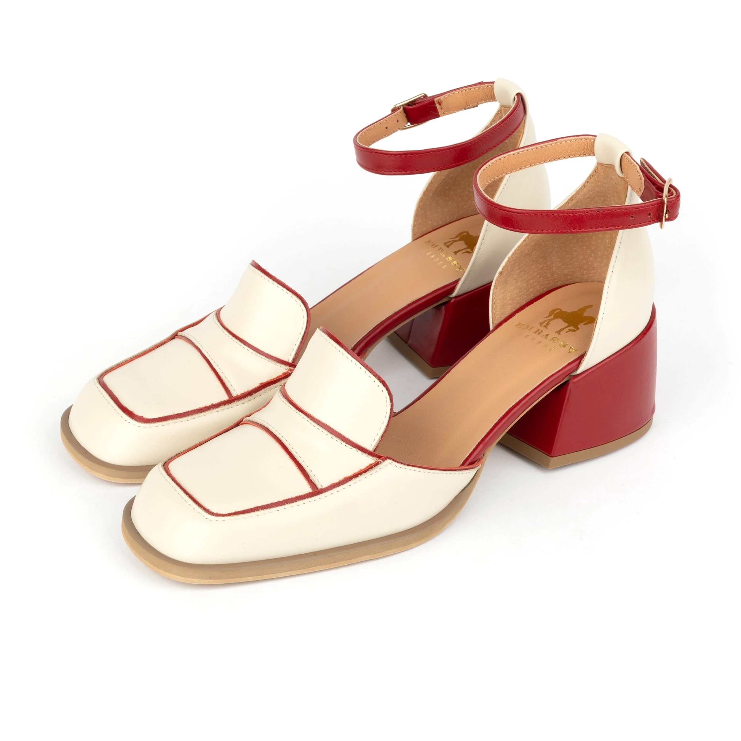 Mayfair - Red & Cream - Women's square toe leather 2 inch heel sandal - Image 9