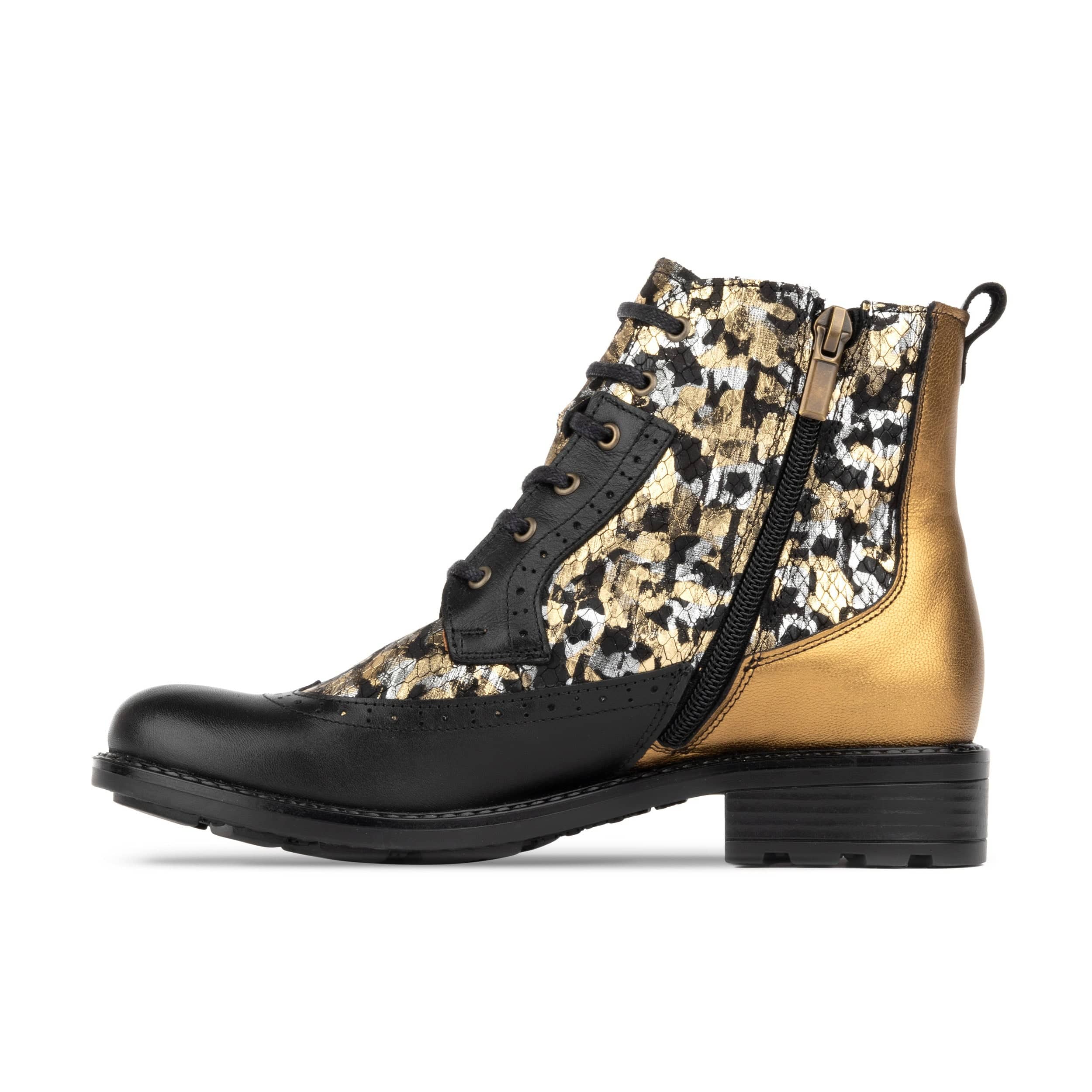 Milliner - Black & Gold - Women's leather round toe side zipper ankle boot in gold - Image 4