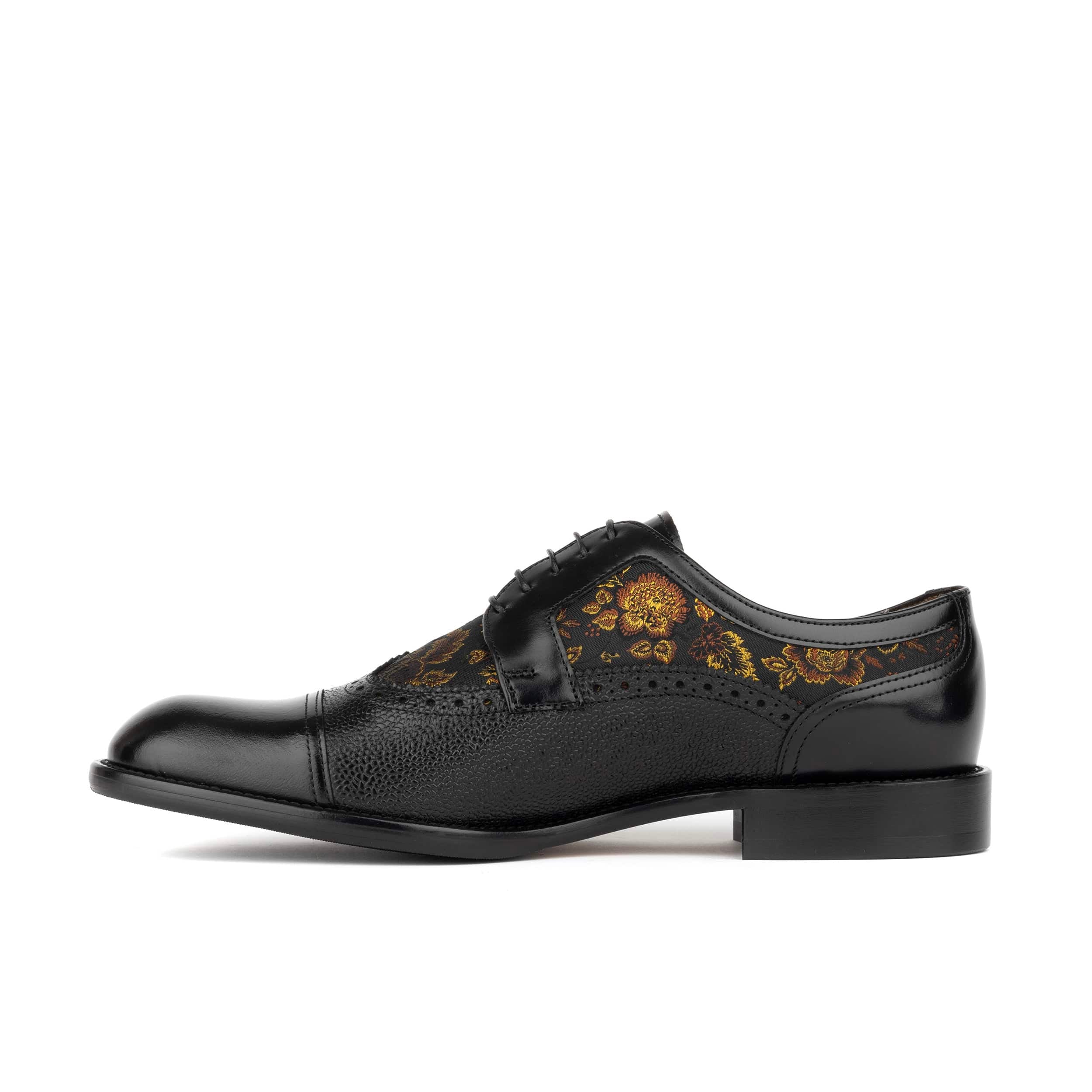 Orlando - Black & Yellow Flowers - Men's toe cap dressy black shoe with flower print leather - Image 3
