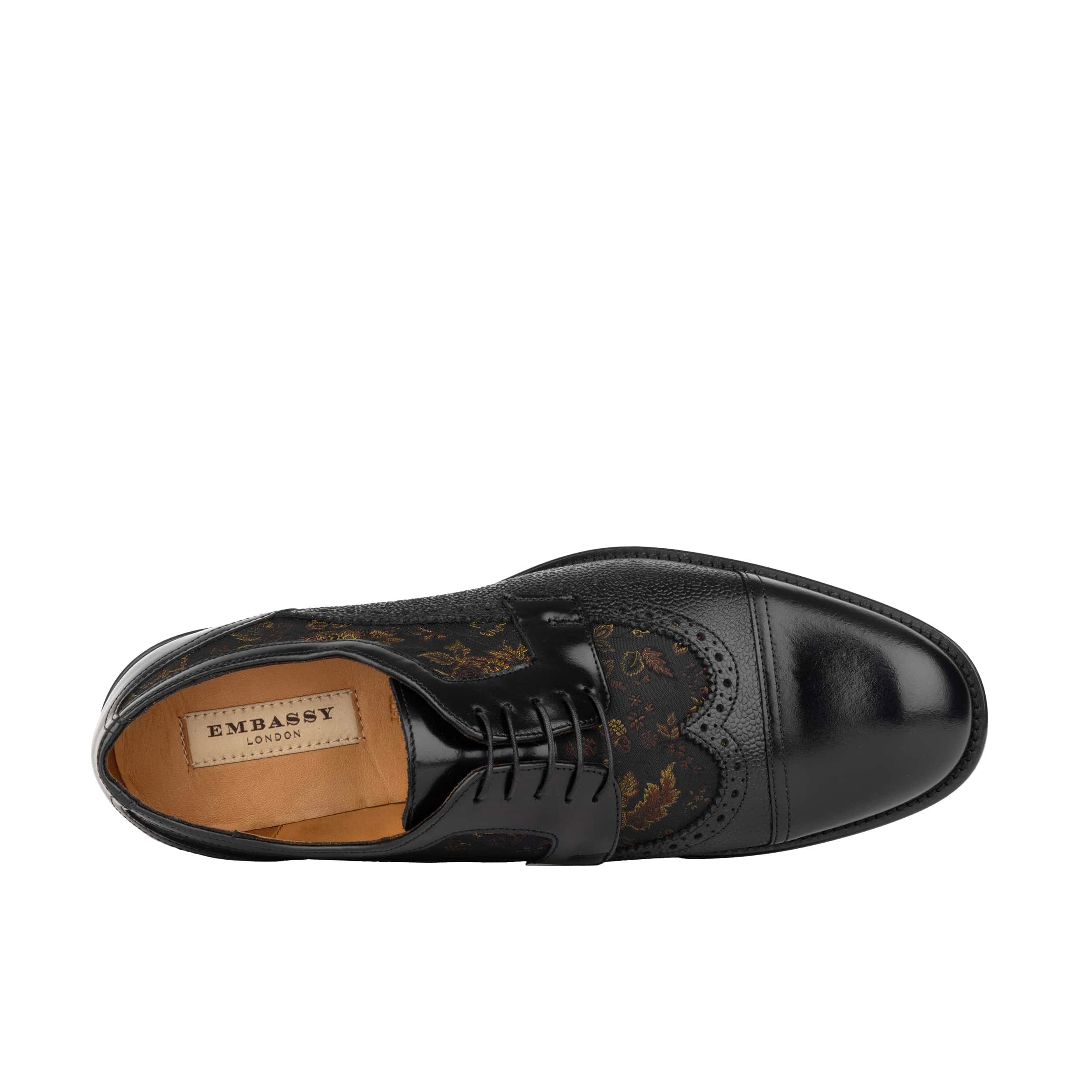 Orlando - Black & Yellow Flowers - Men's toe cap dressy black shoe with flower print leather - Image 6