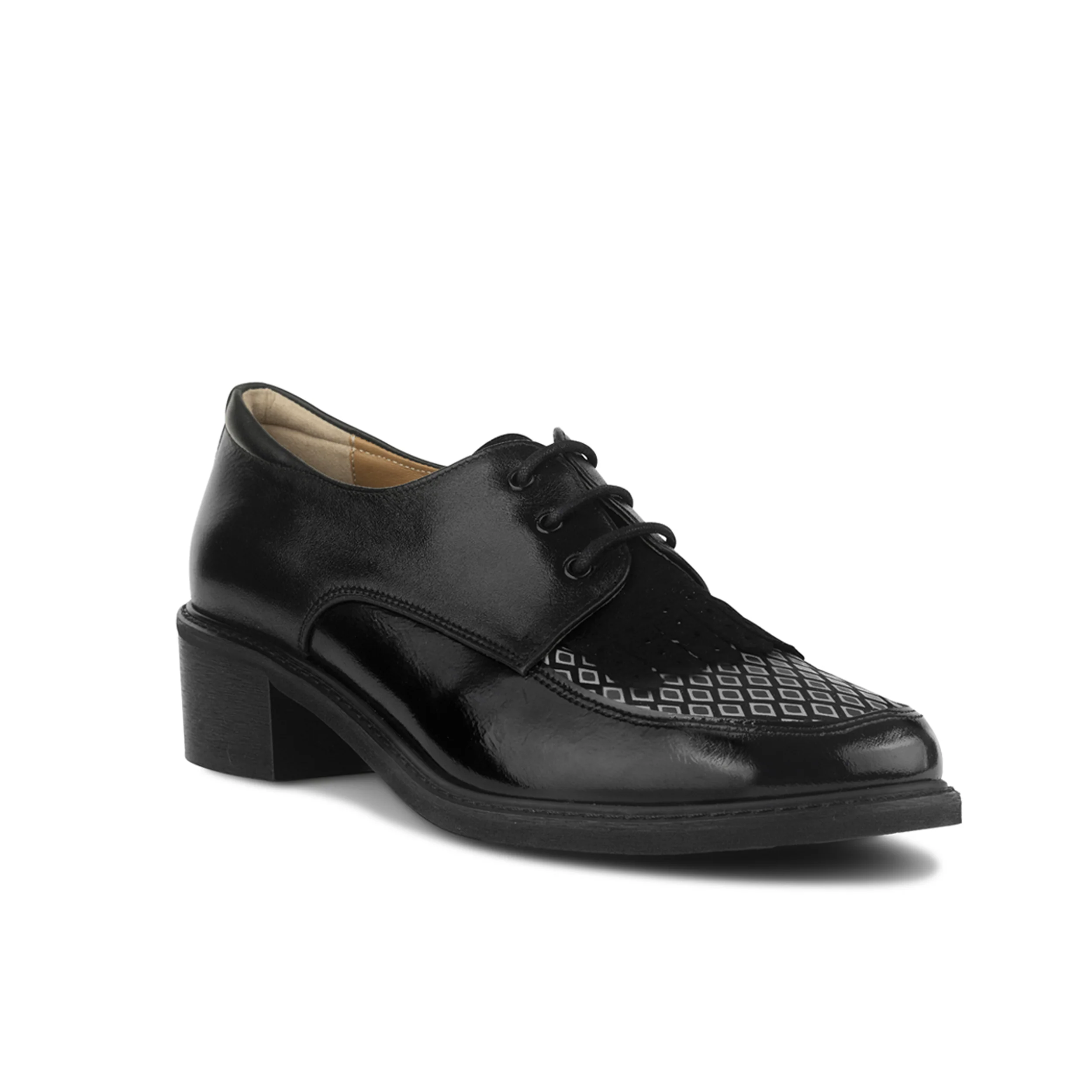 Retro Tone - Black & Grey Diamond - Women's leather lace-up with signature kiltie detail - Image 3
