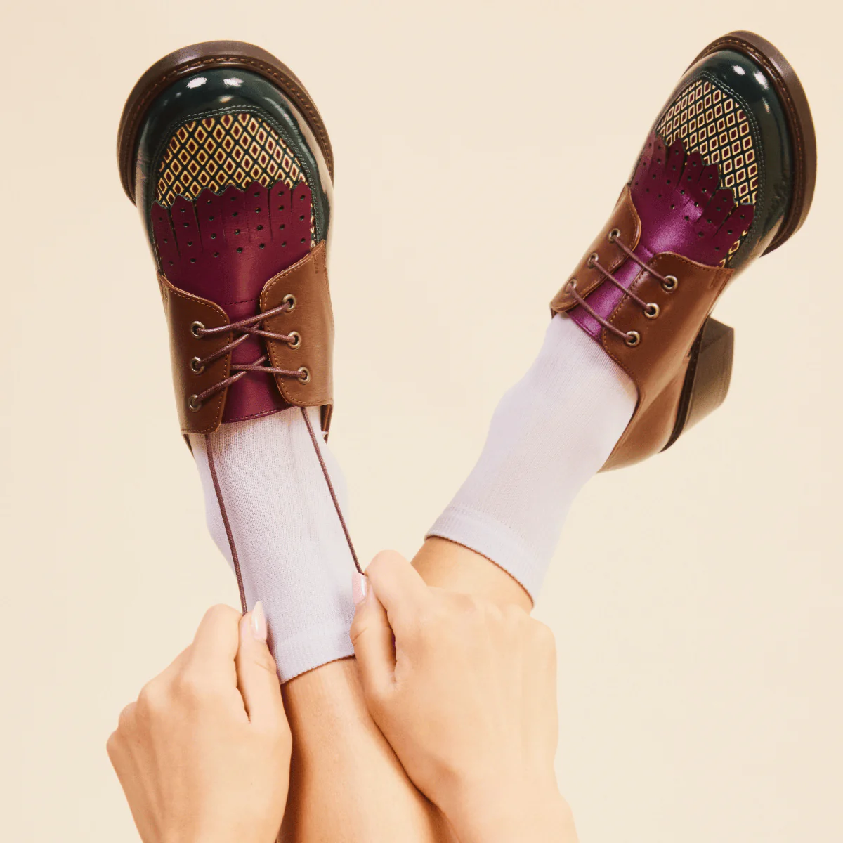 Retro Tone - Green & Brown & Purple - Women's Colour-block leather lace-up with signature kiltie detail - Image 2