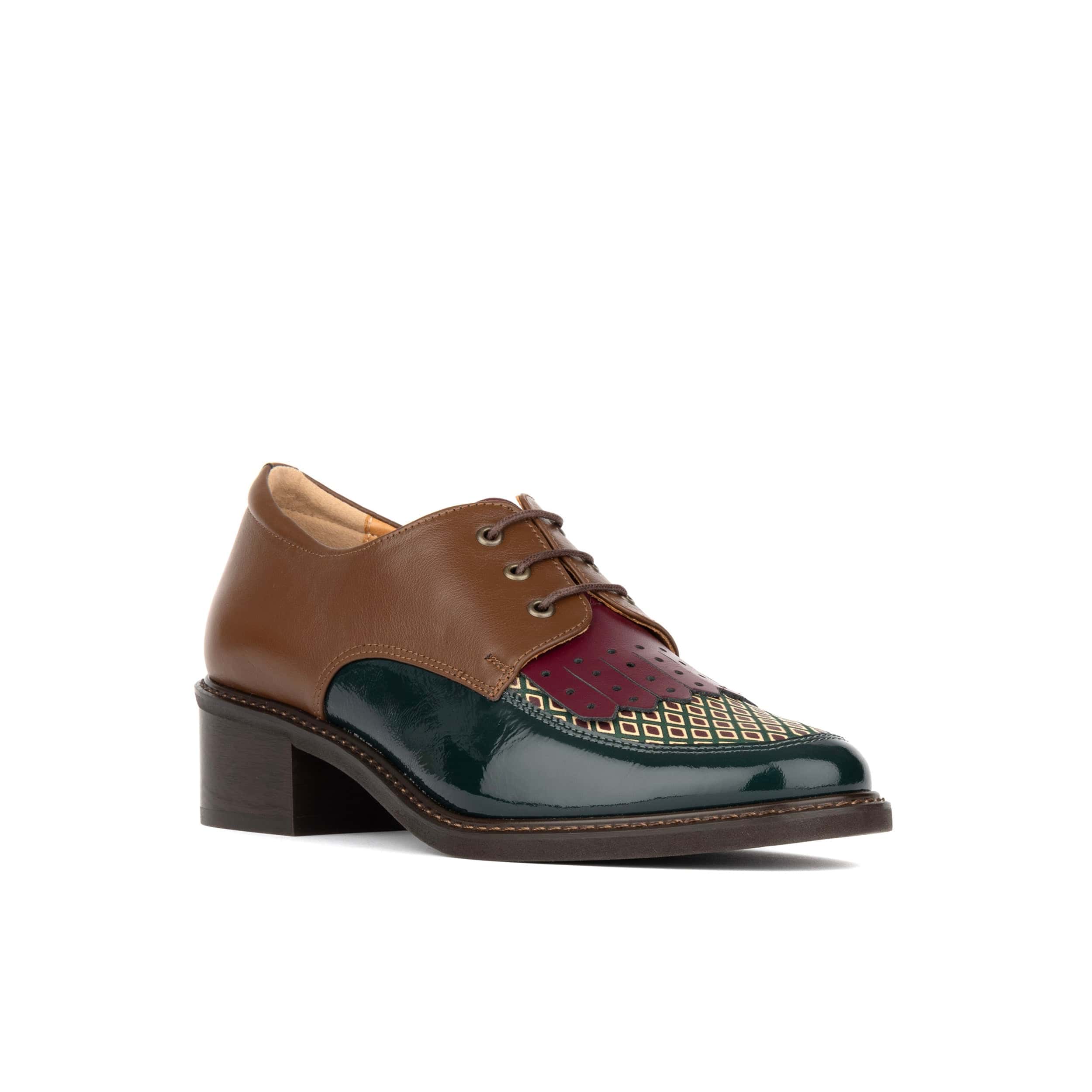 Retro Tone - Green & Brown & Purple - Women's Colour-block leather lace-up with signature kiltie detail - Image 3