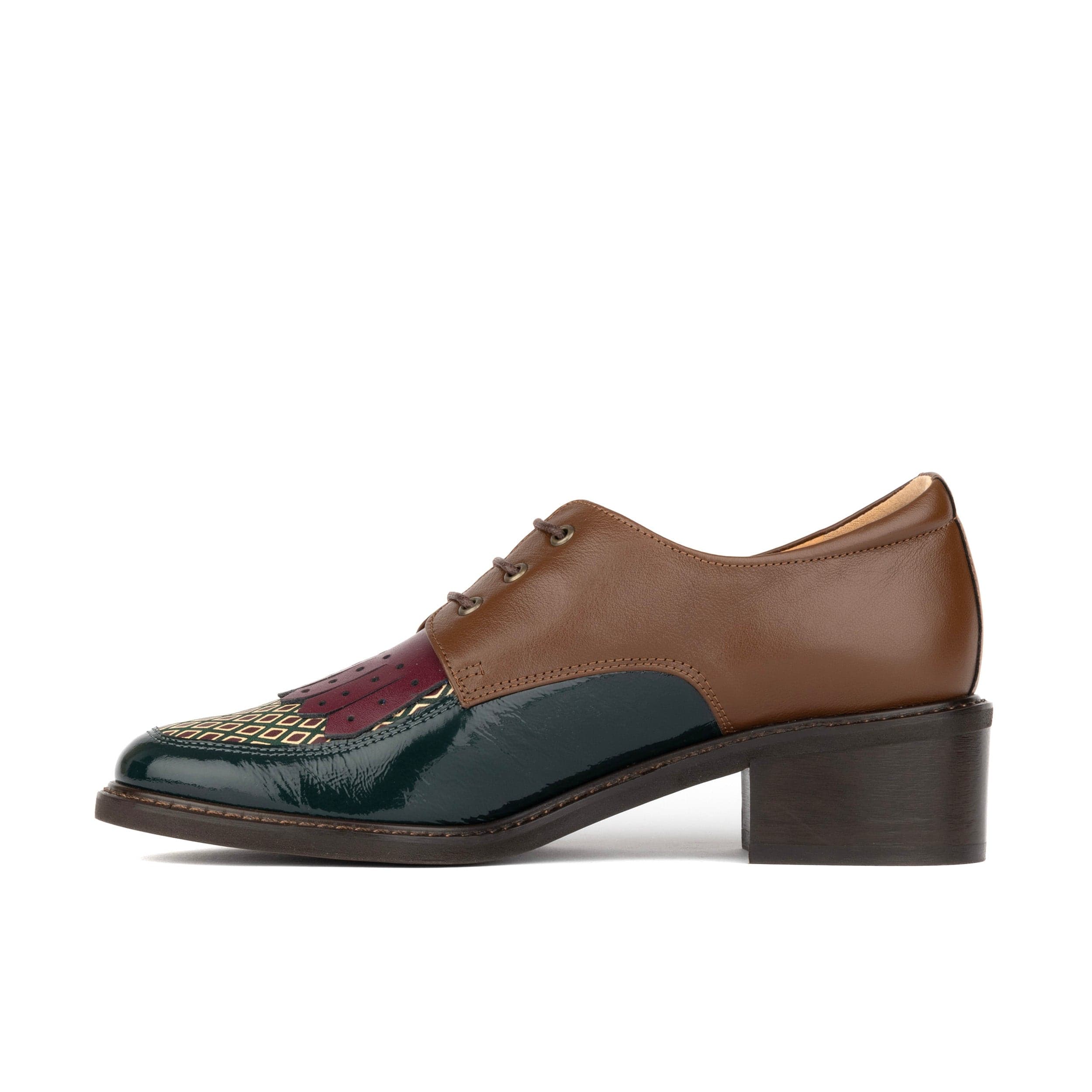 Retro Tone - Green & Brown & Purple - Women's Colour-block leather lace-up with signature kiltie detail - Image 4