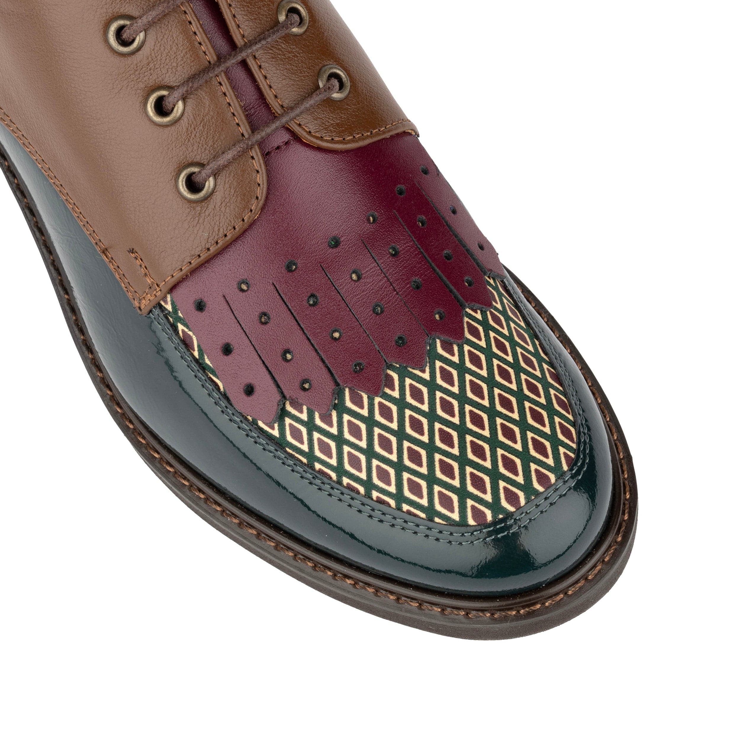 Retro Tone - Green & Brown & Purple - Women's Colour-block leather lace-up with signature kiltie detail - Image 8